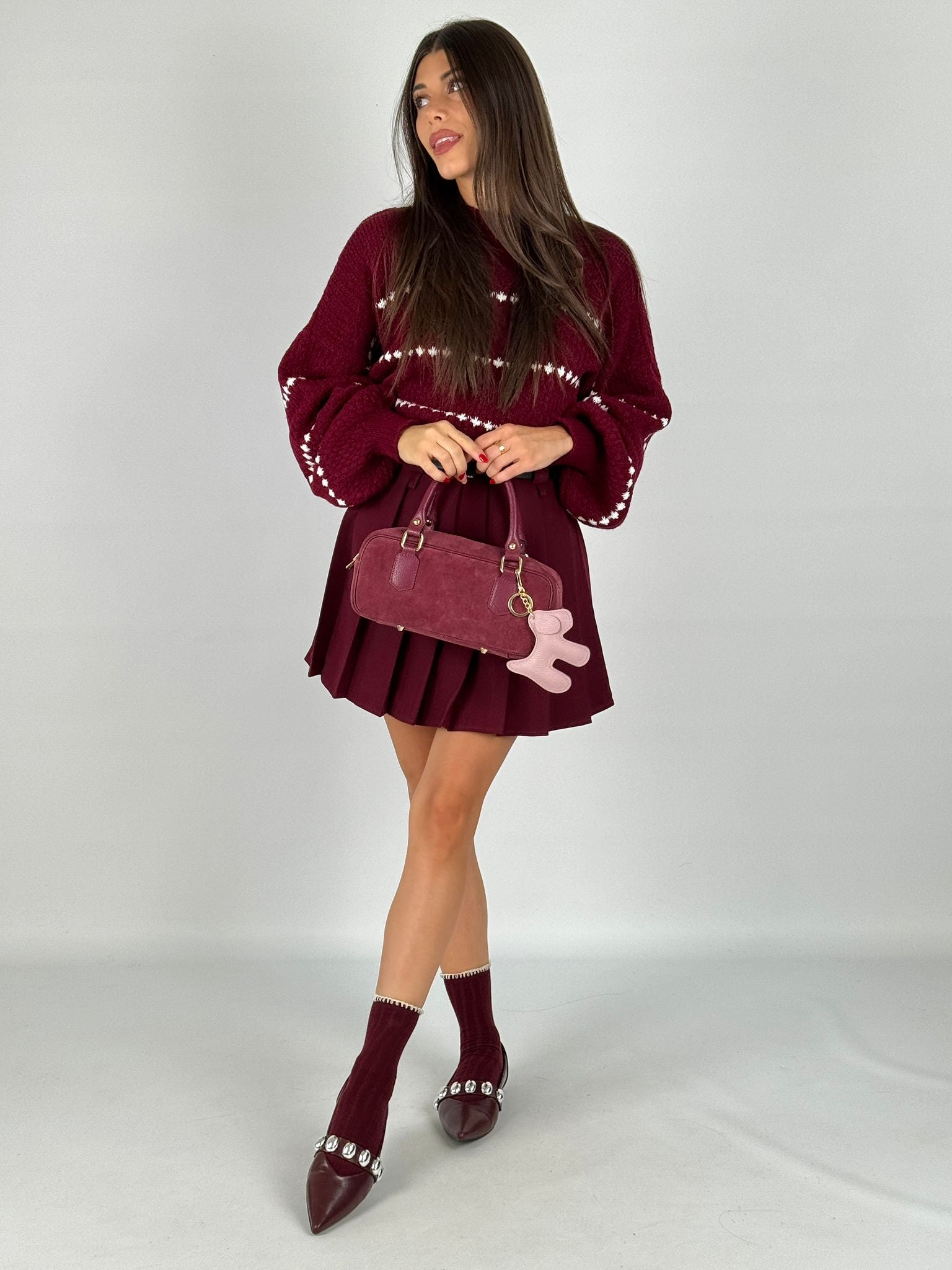 Gonna plisse doppia cintura bordeaux