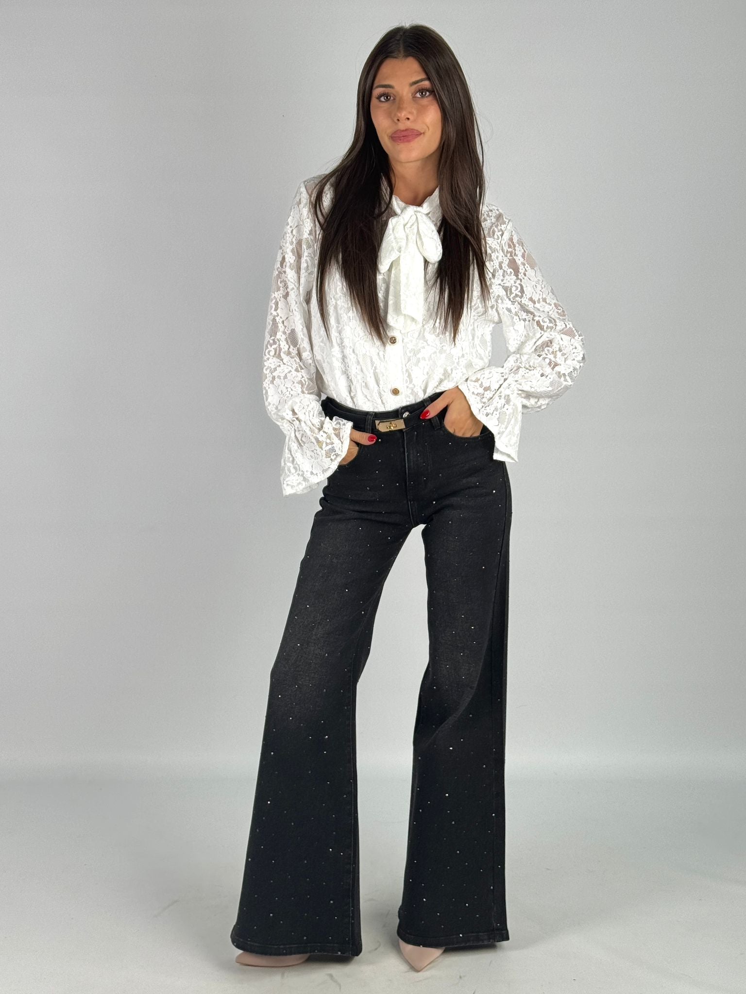 Camicia pizzo fiocco bianca