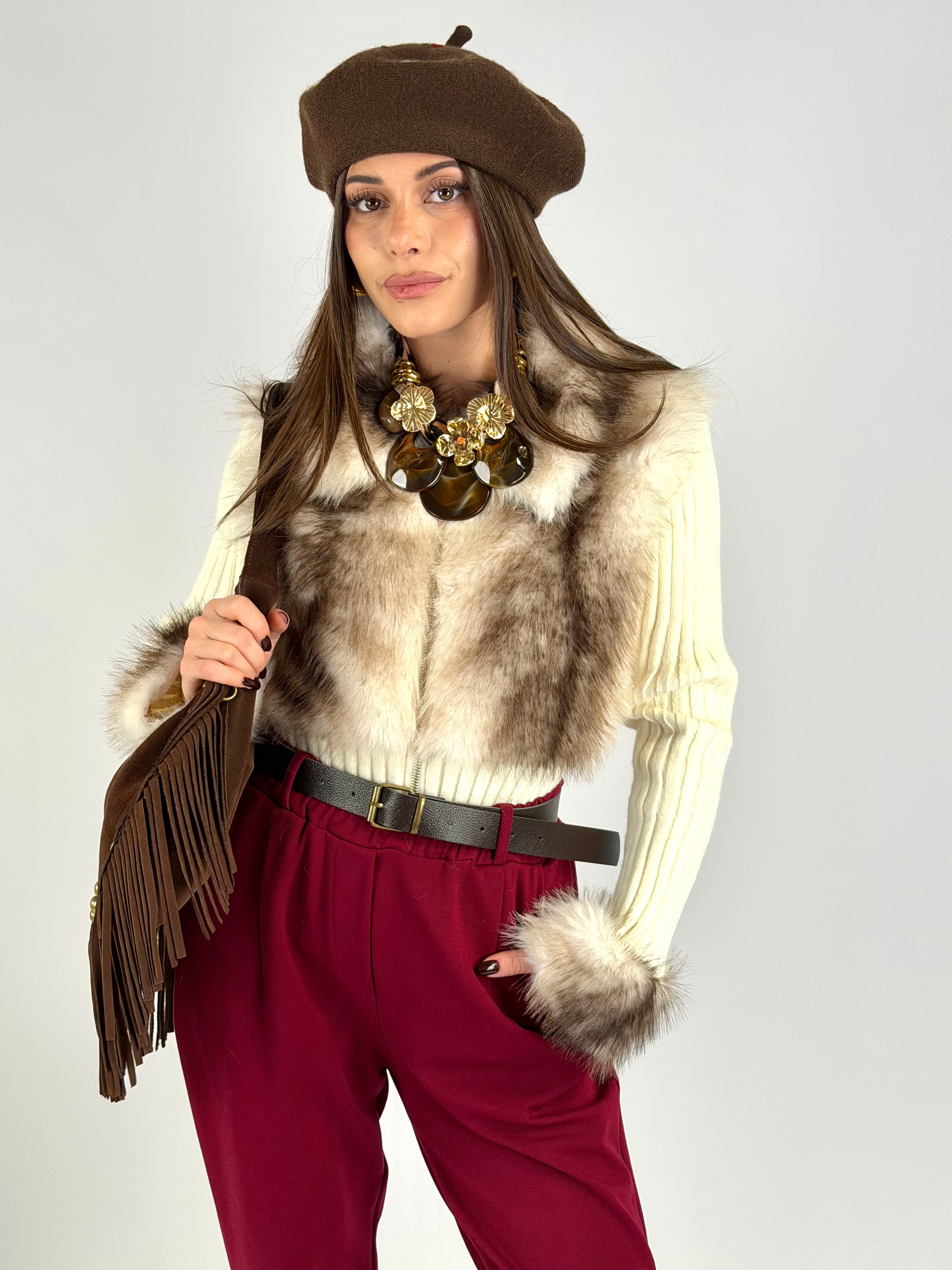 Maglia con pelliccia panna