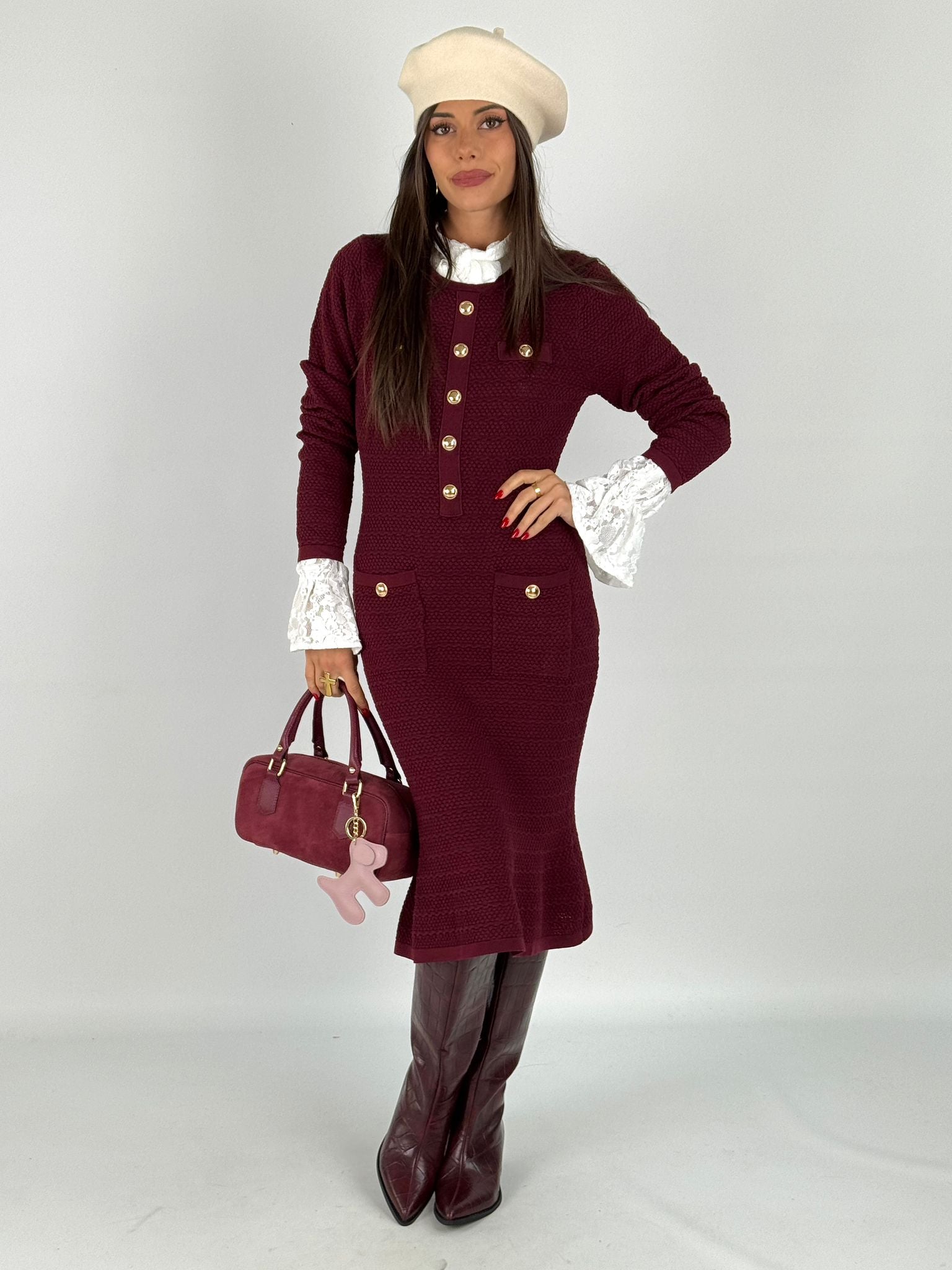 Abito Bottoni gioiello bordeaux