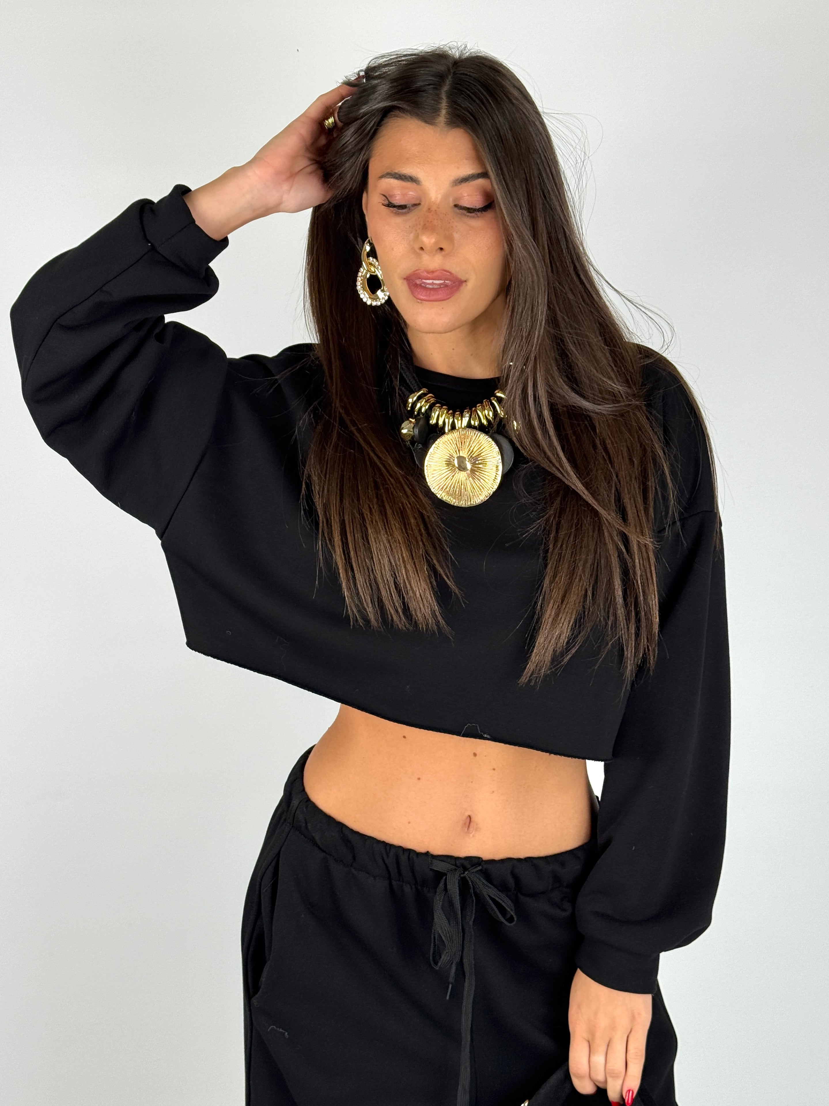 Felpa tuta sportiva crop nera