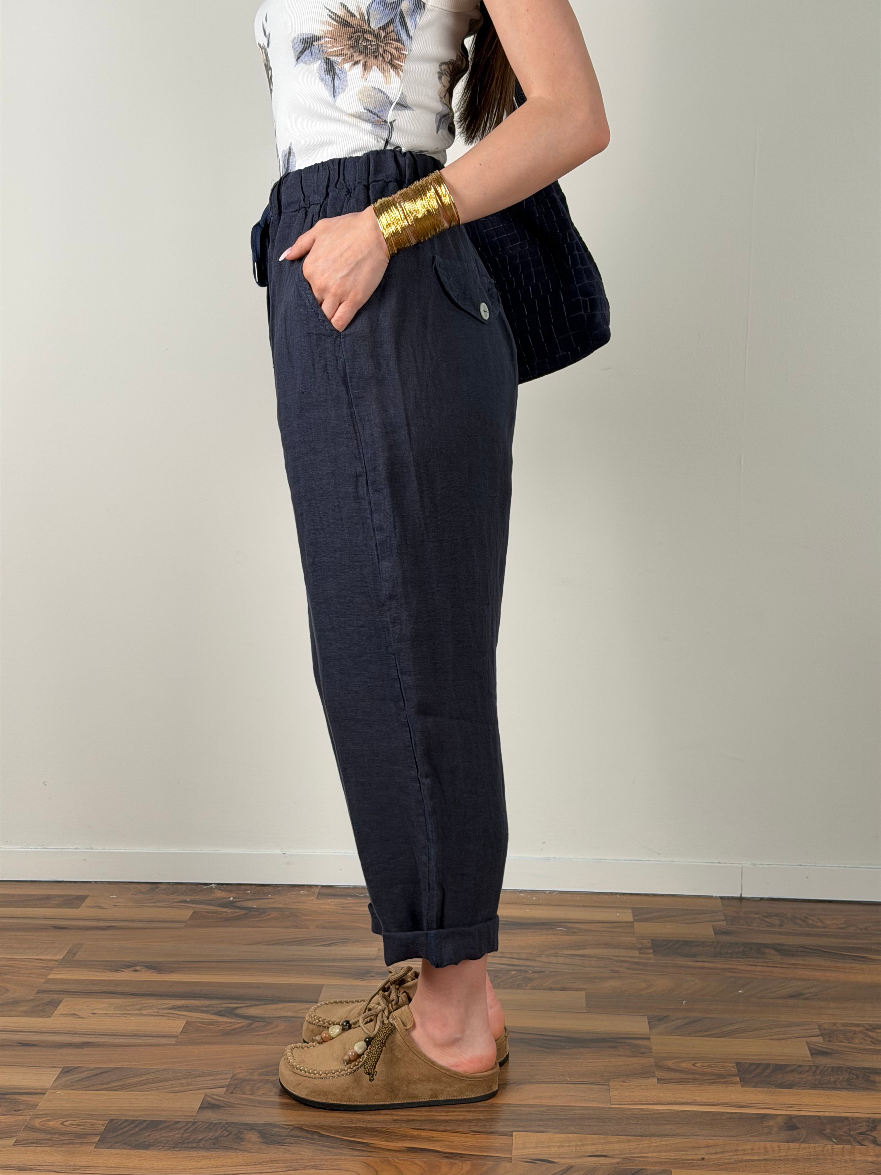 Pantalone lino Napoleone blu