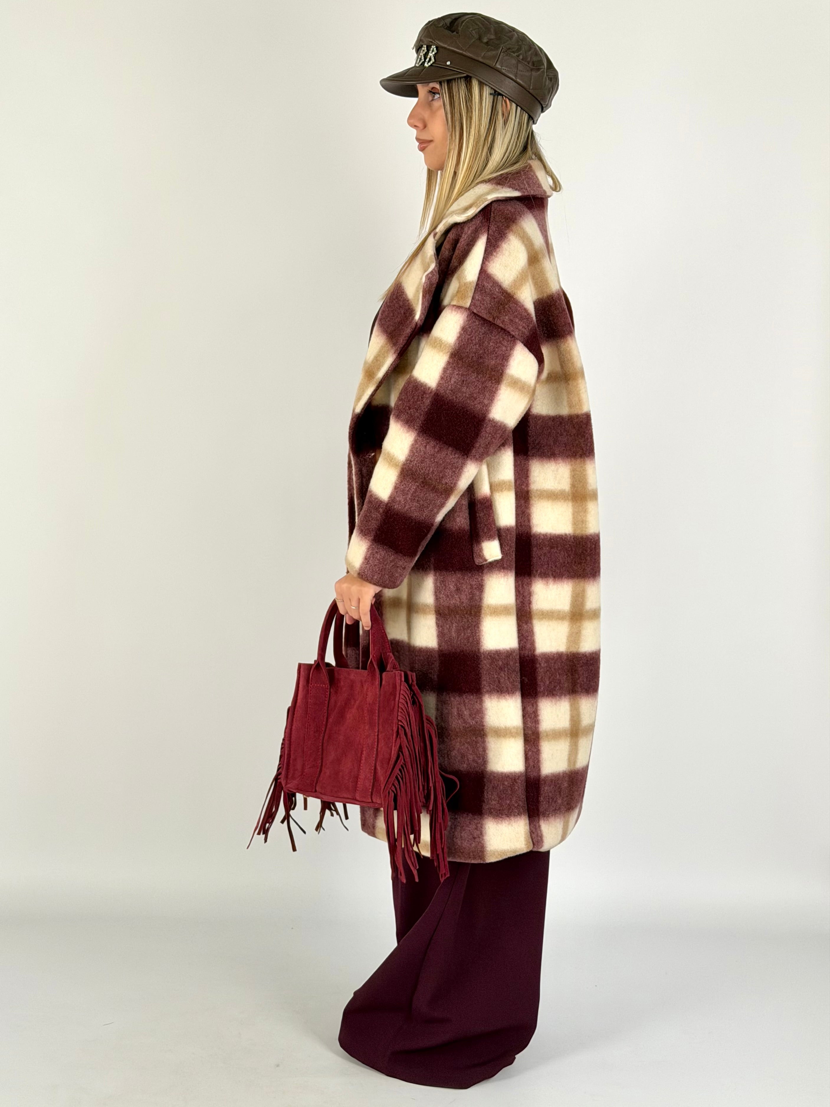 Maxi cappotto check lungo bordeaux