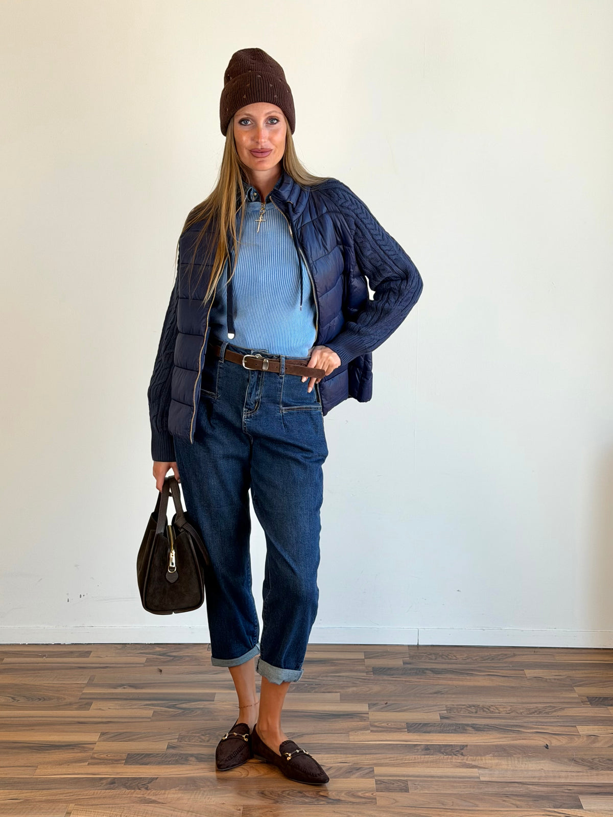 Piumino manica treccia blu