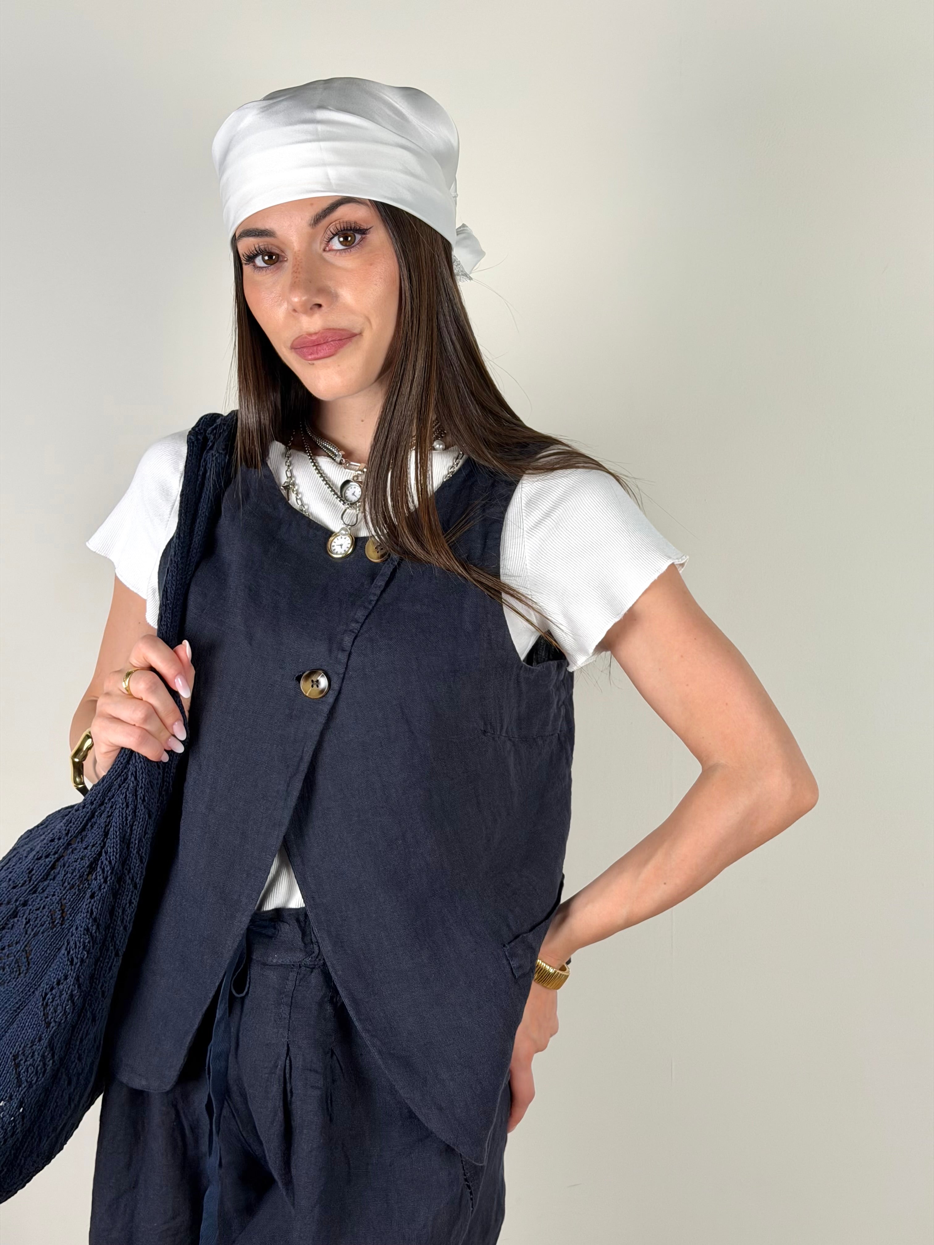 Gilet puro lino Tessa blu