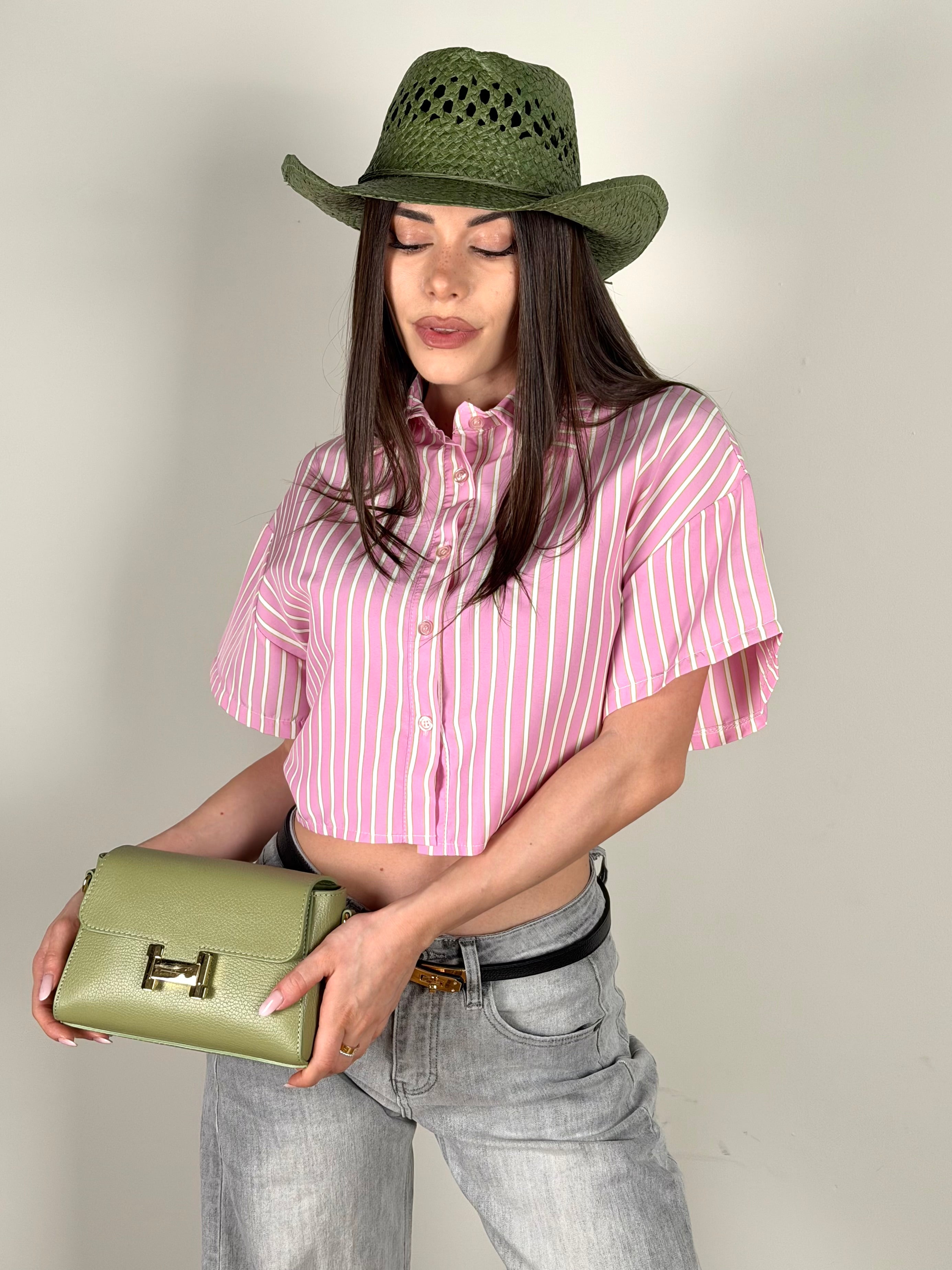 Camicia gessata fiocco rosa