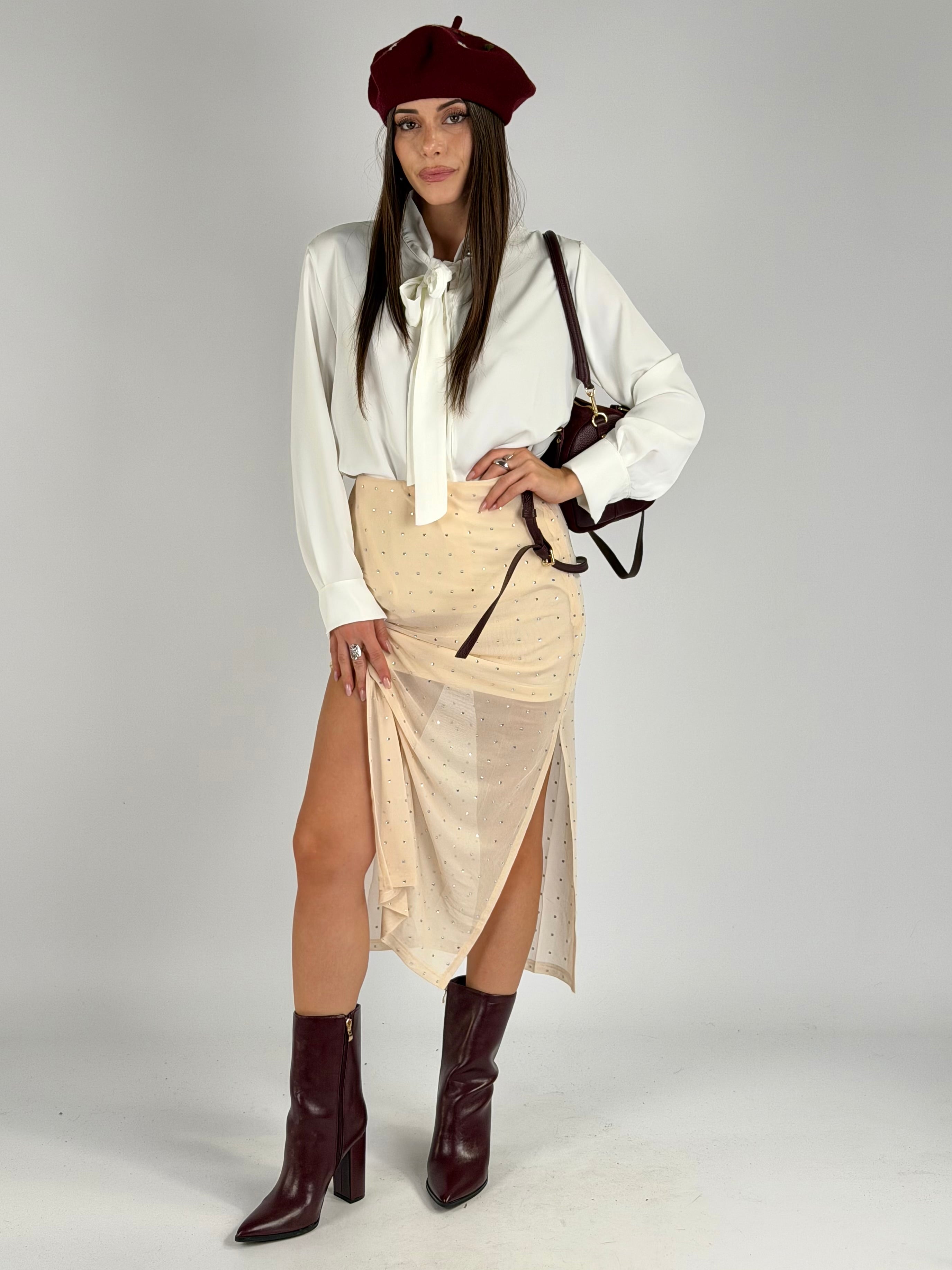 Gonna velata borchie beige