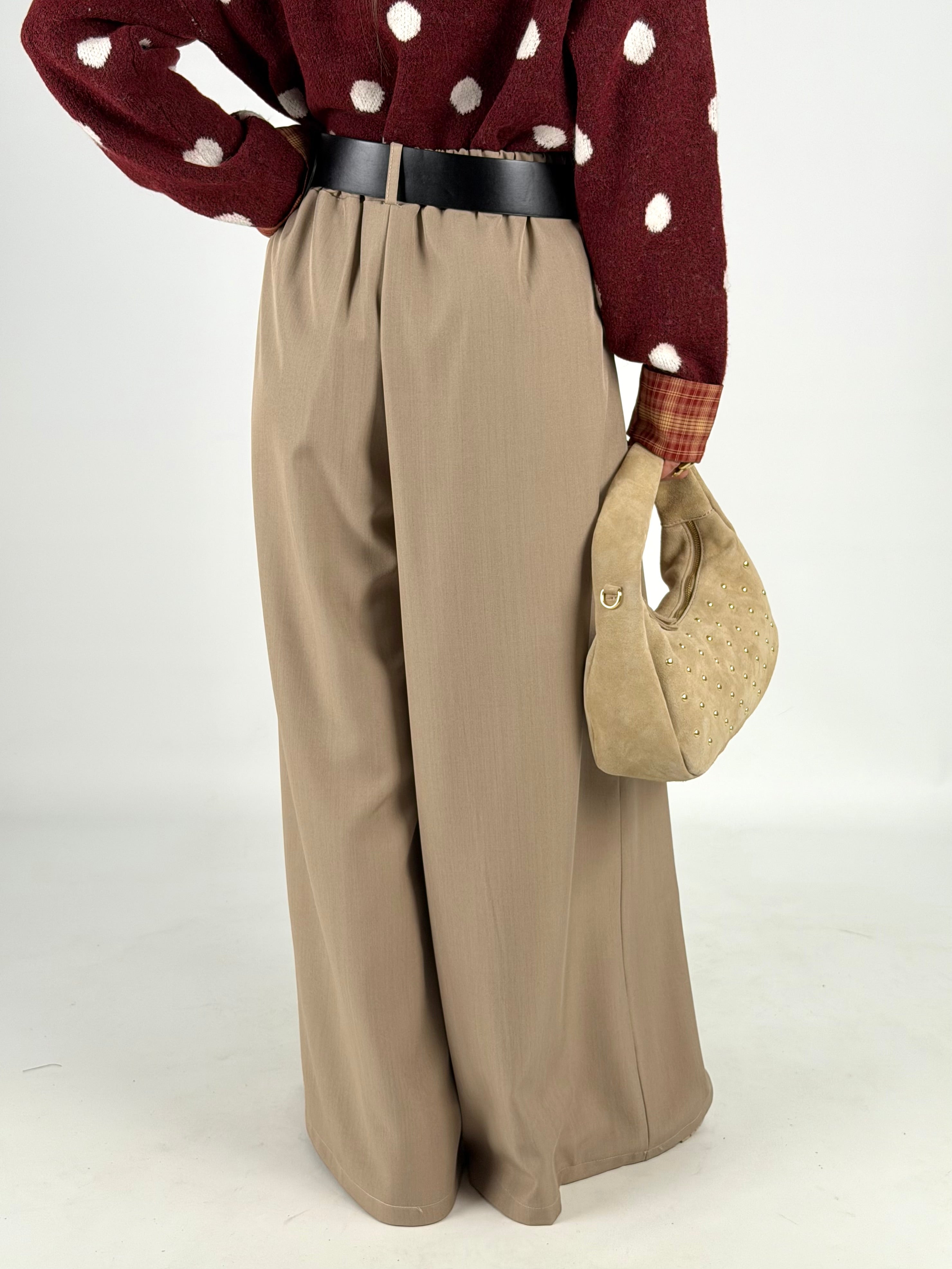 Pantalone palazzo con cinta beige