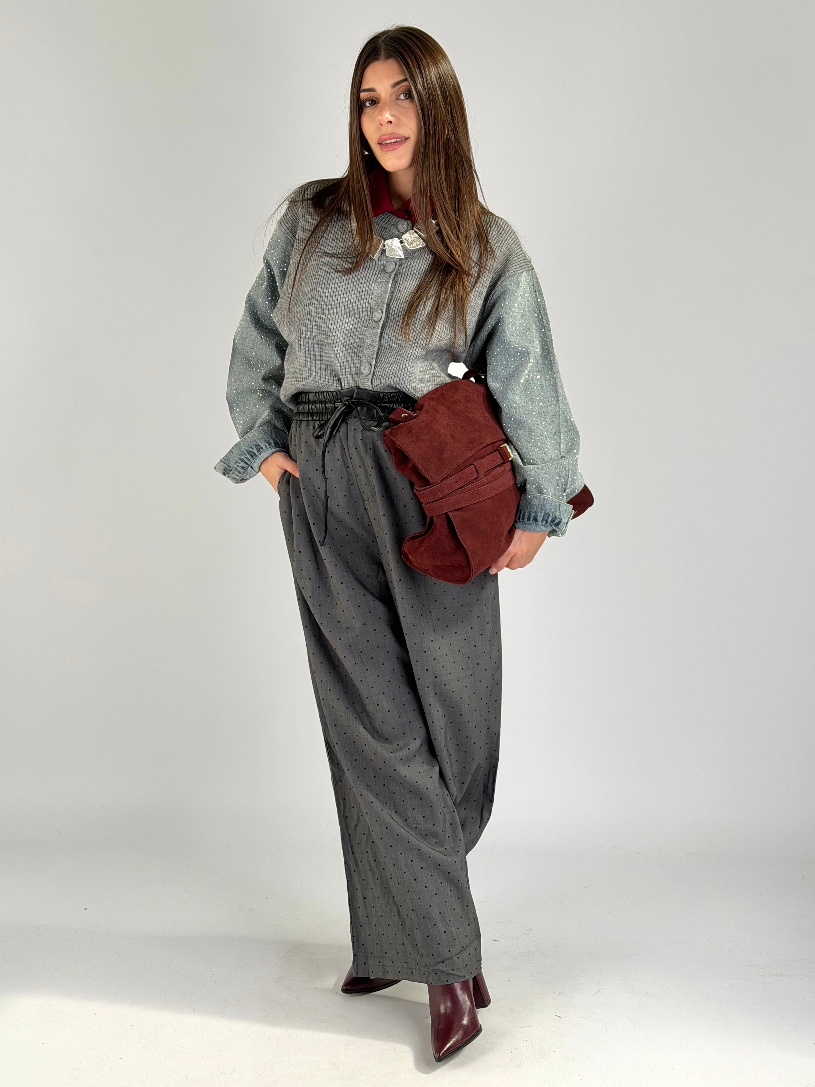 Maglia maniche denim zirconi grigio