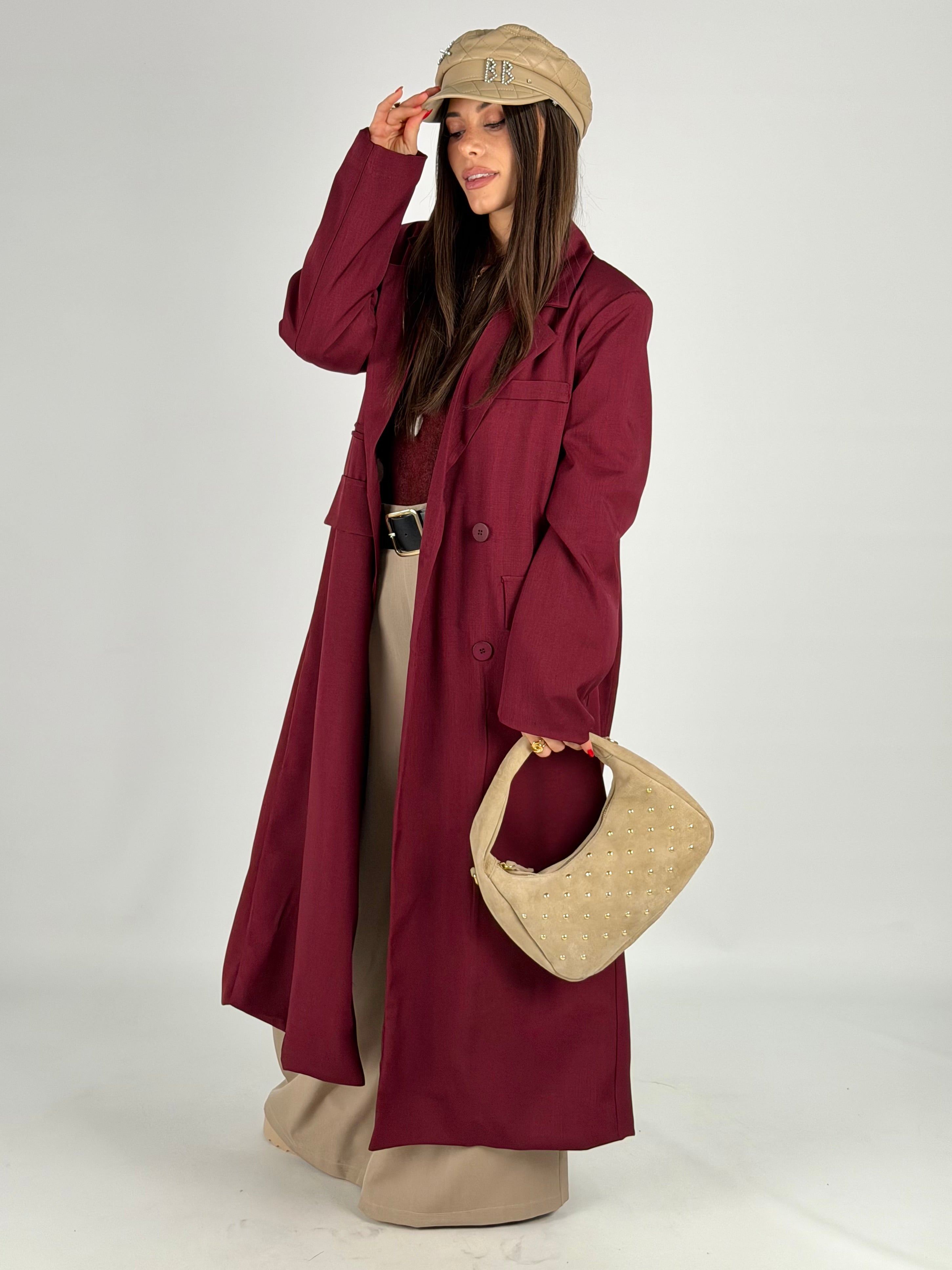 Cappotto lungo doppio petto bordeaux