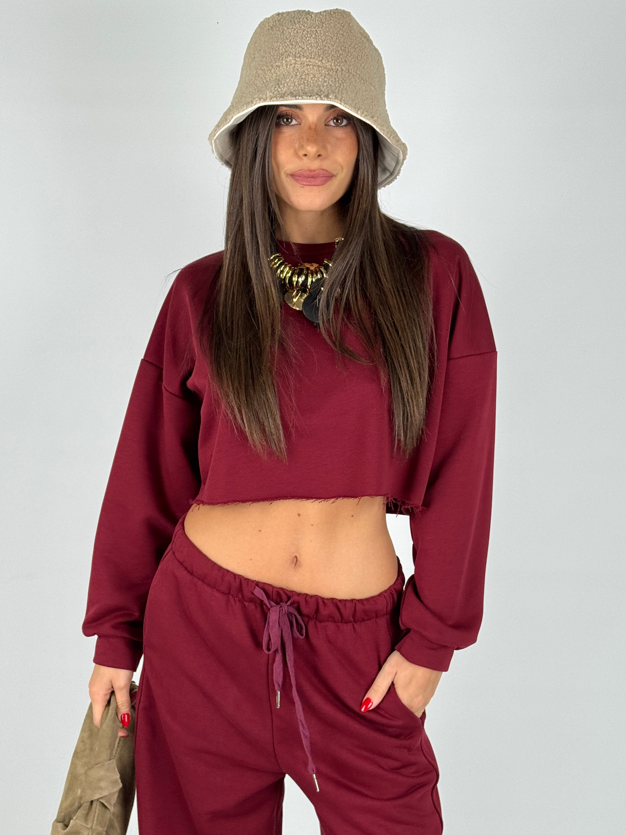 Felpa tuta sportiva crop bordeaux