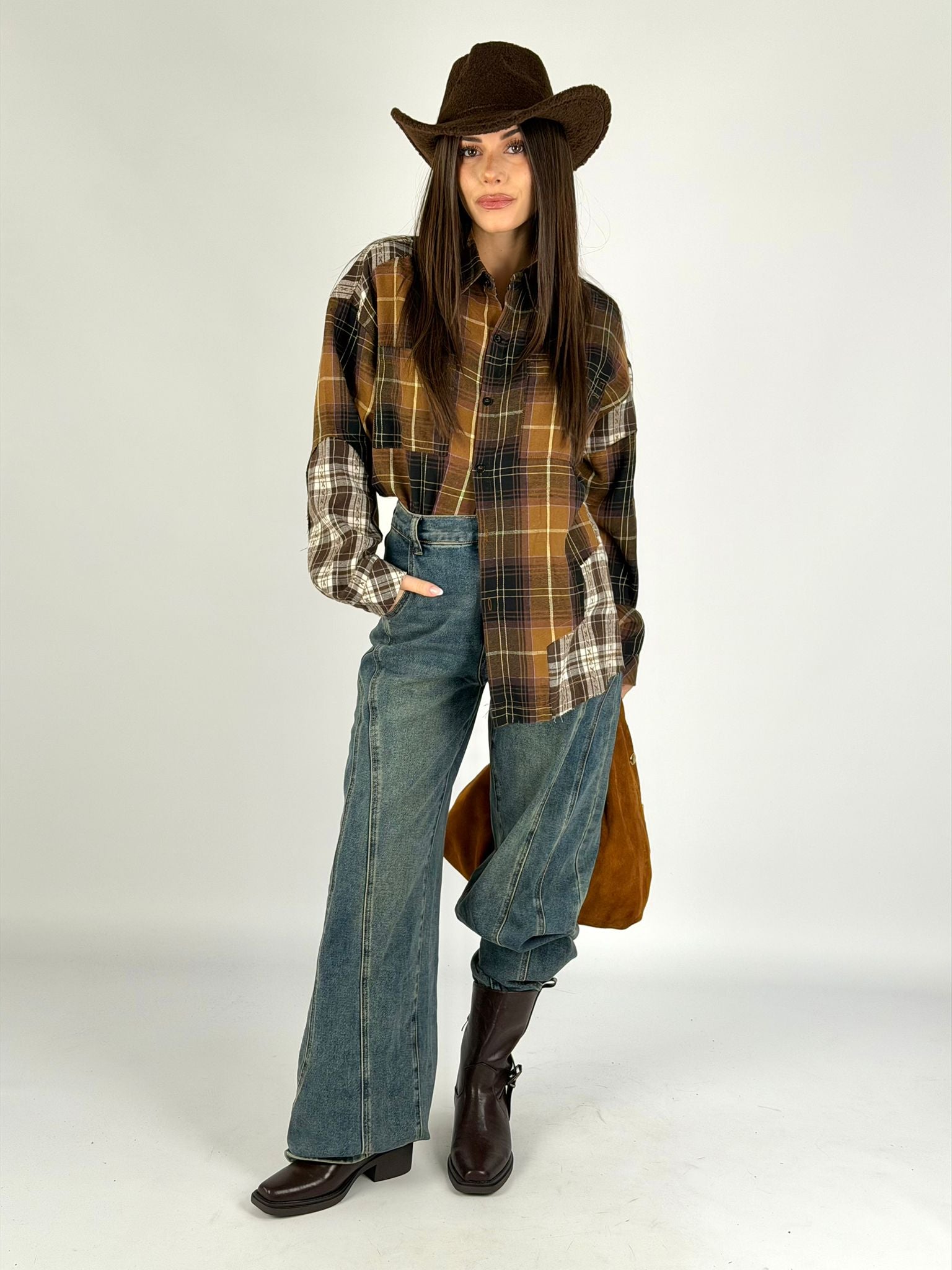 Camicia check doppia fantasia tabacco