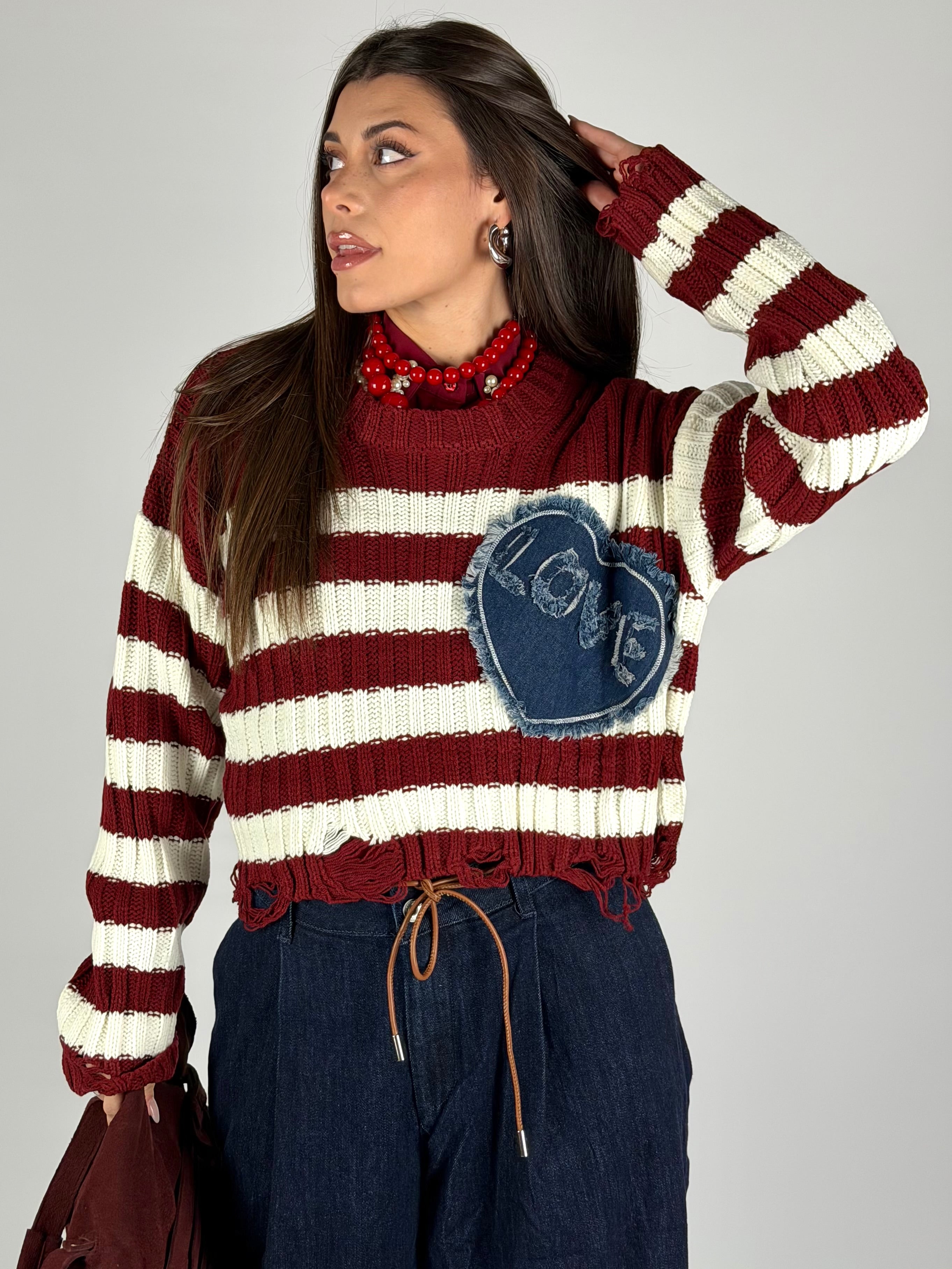 Maglia cuore denim bordeaux