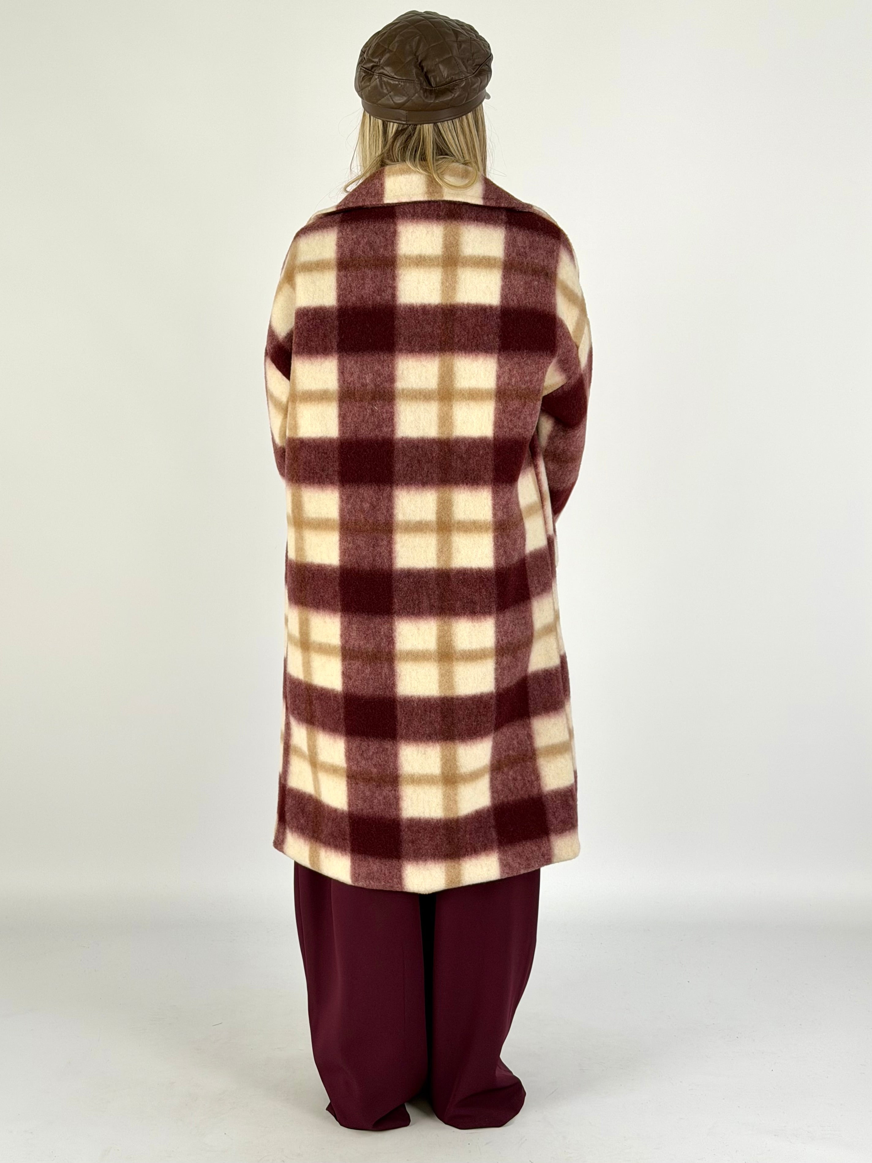 Maxi cappotto check lungo bordeaux