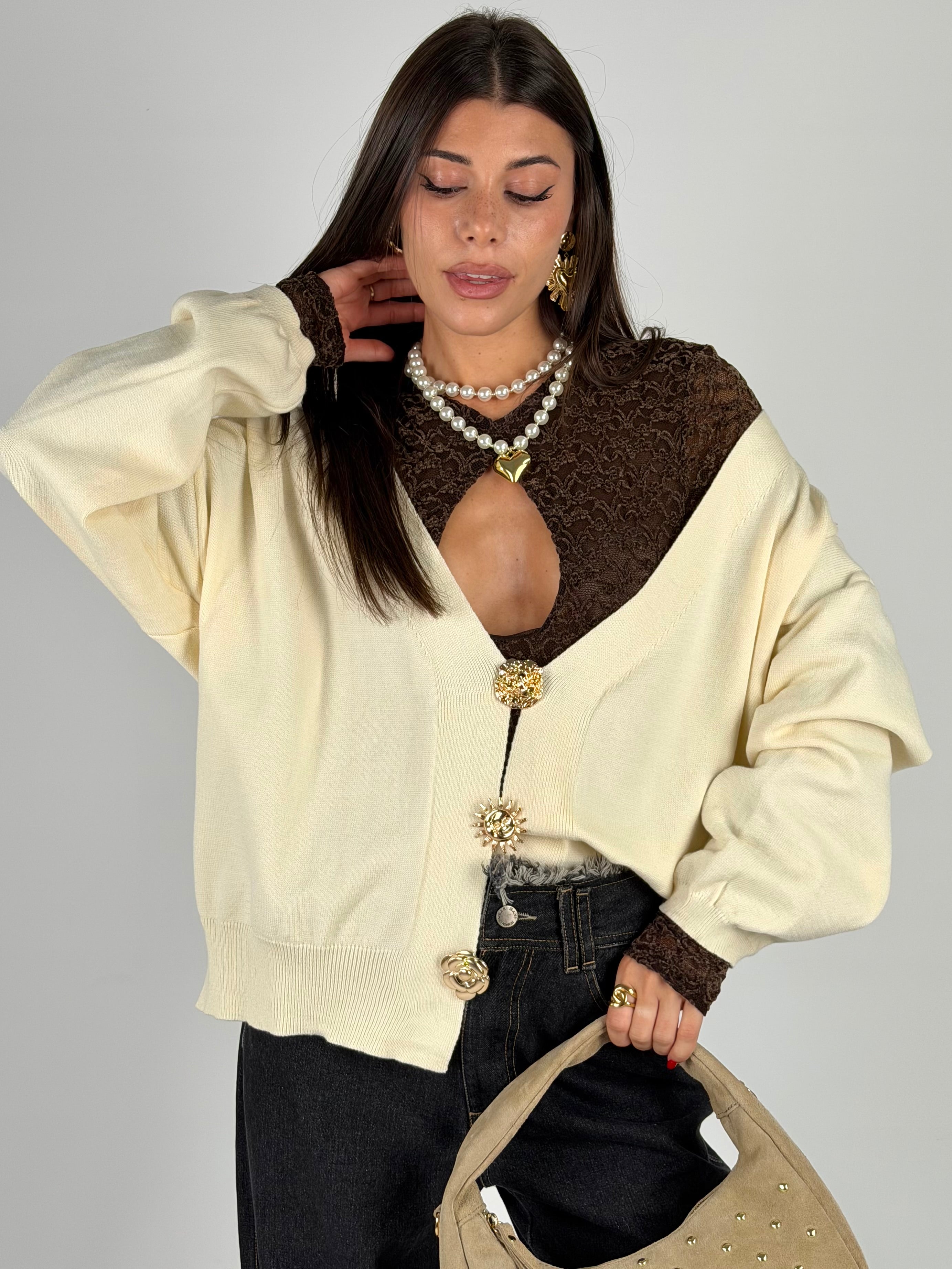 Cardigan bottoni gioiello panna