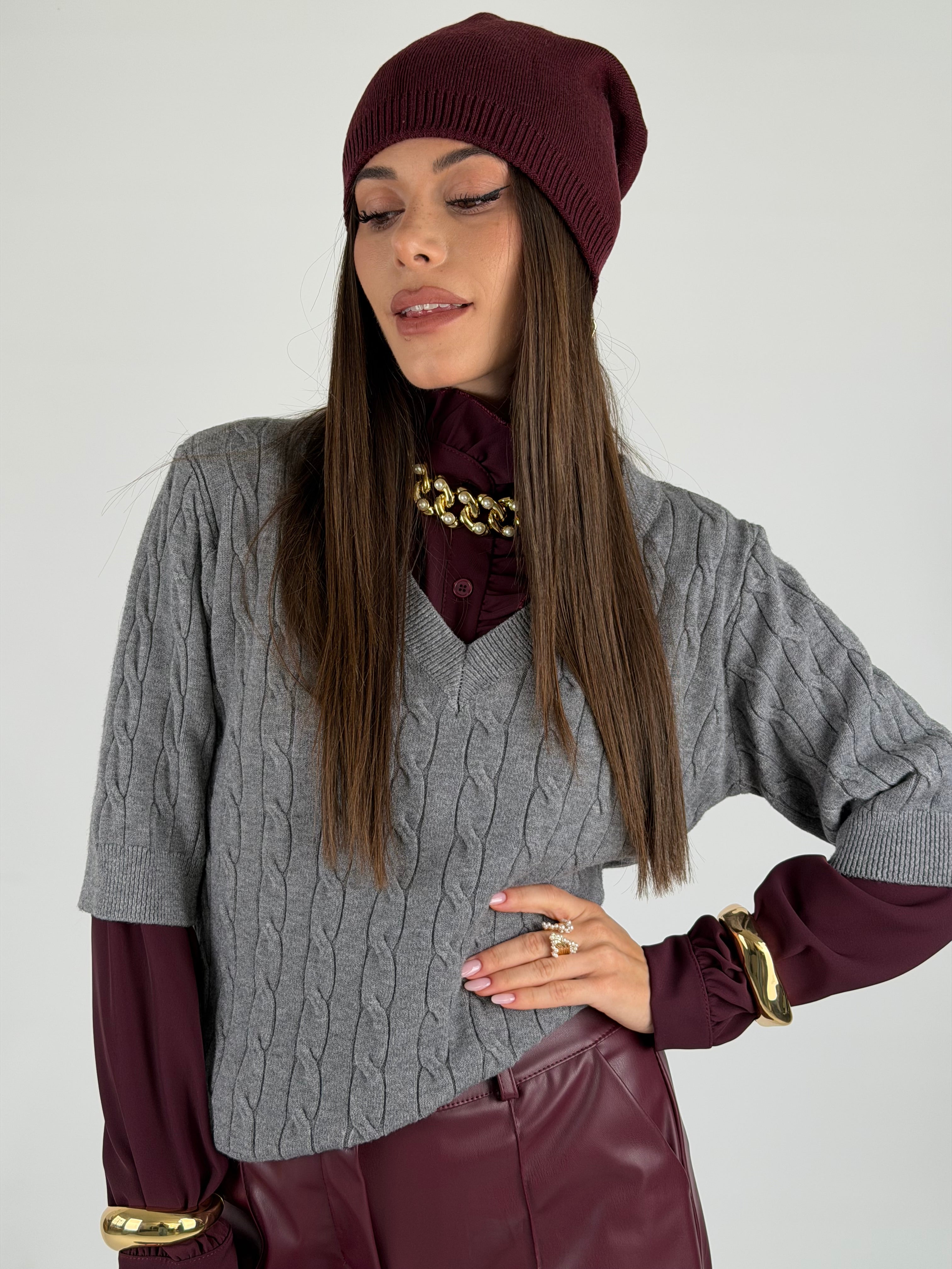 Maglione treccia grigio