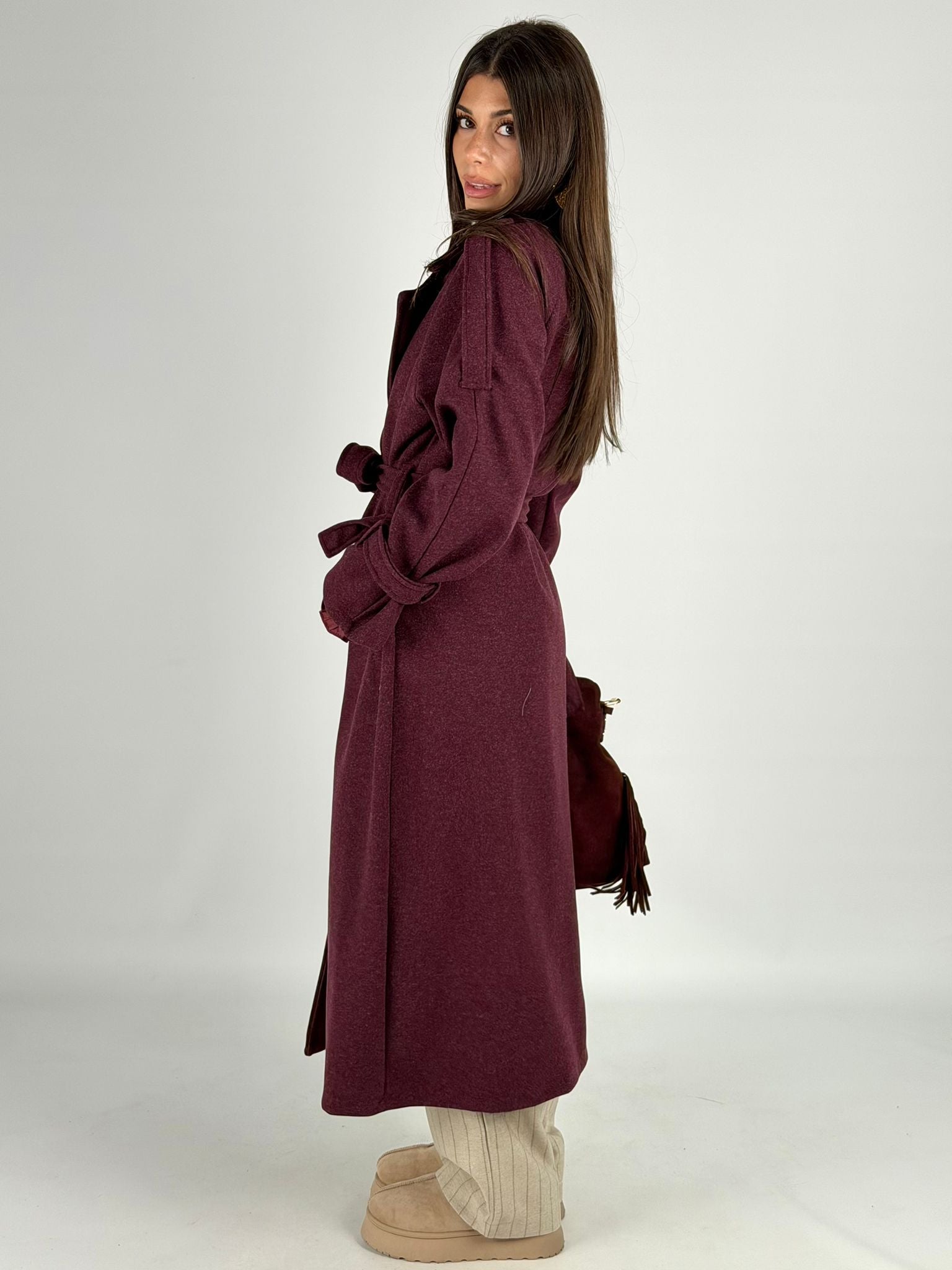 Maxi cappotto fiocco bordeaux