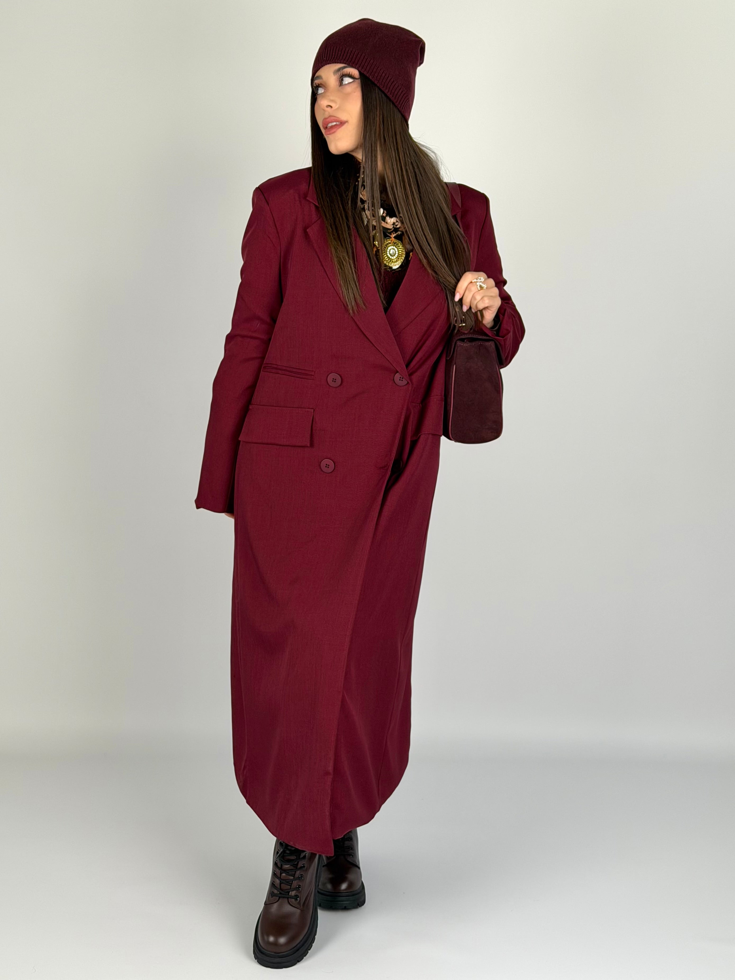 Cappotto lungo doppio petto bordeaux