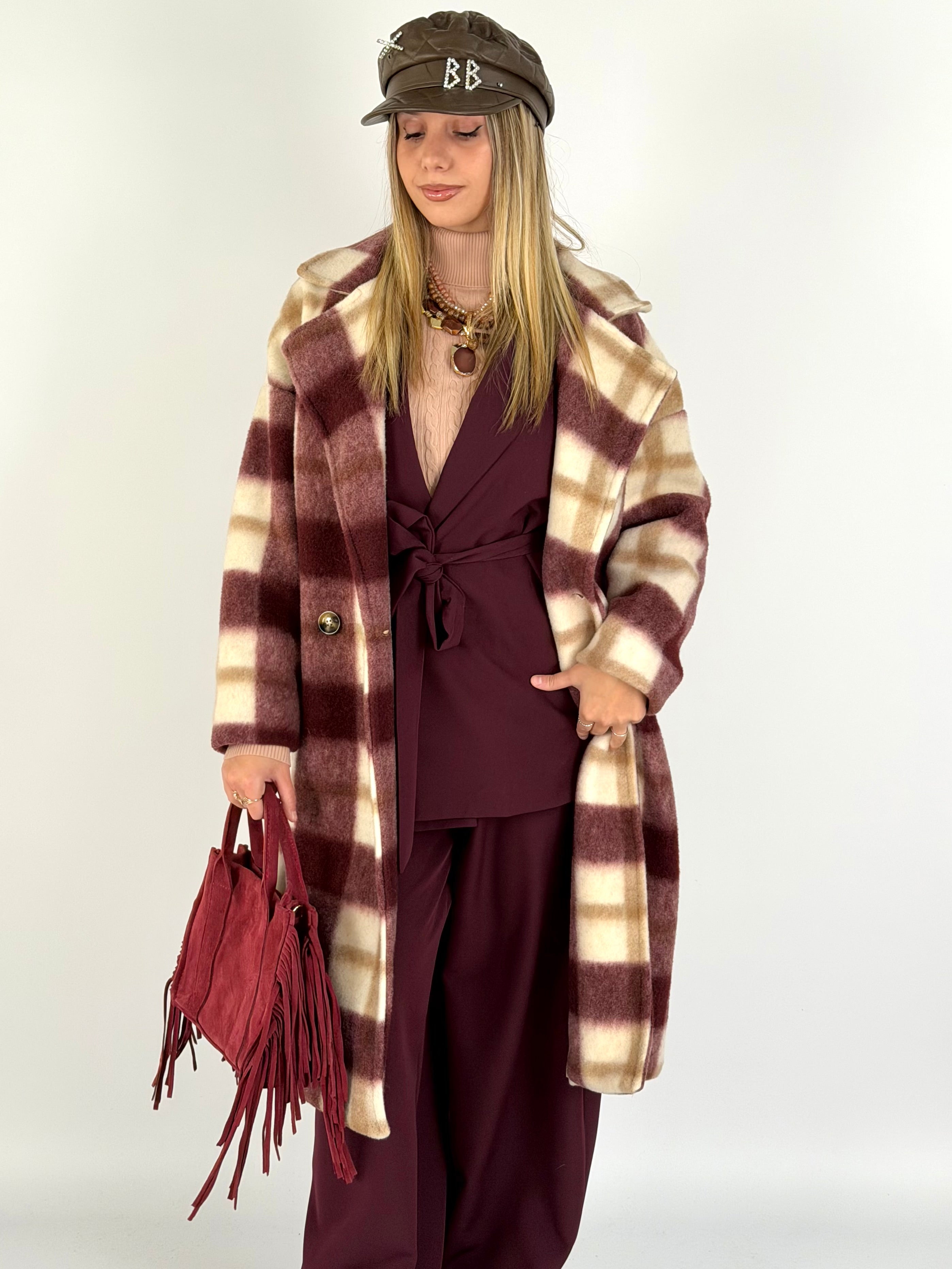Maxi cappotto check lungo bordeaux