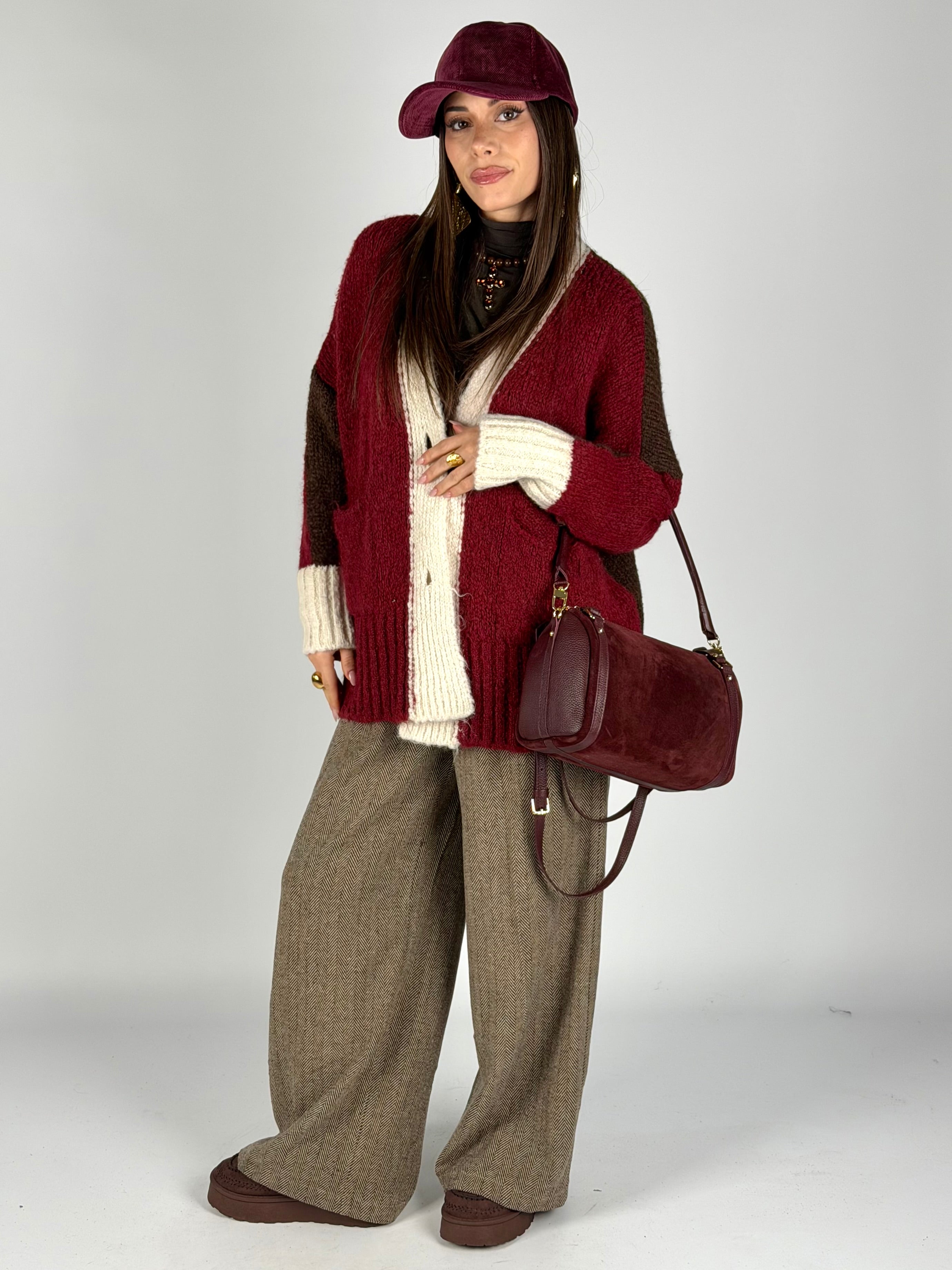 Cardigan due colori bordeaux