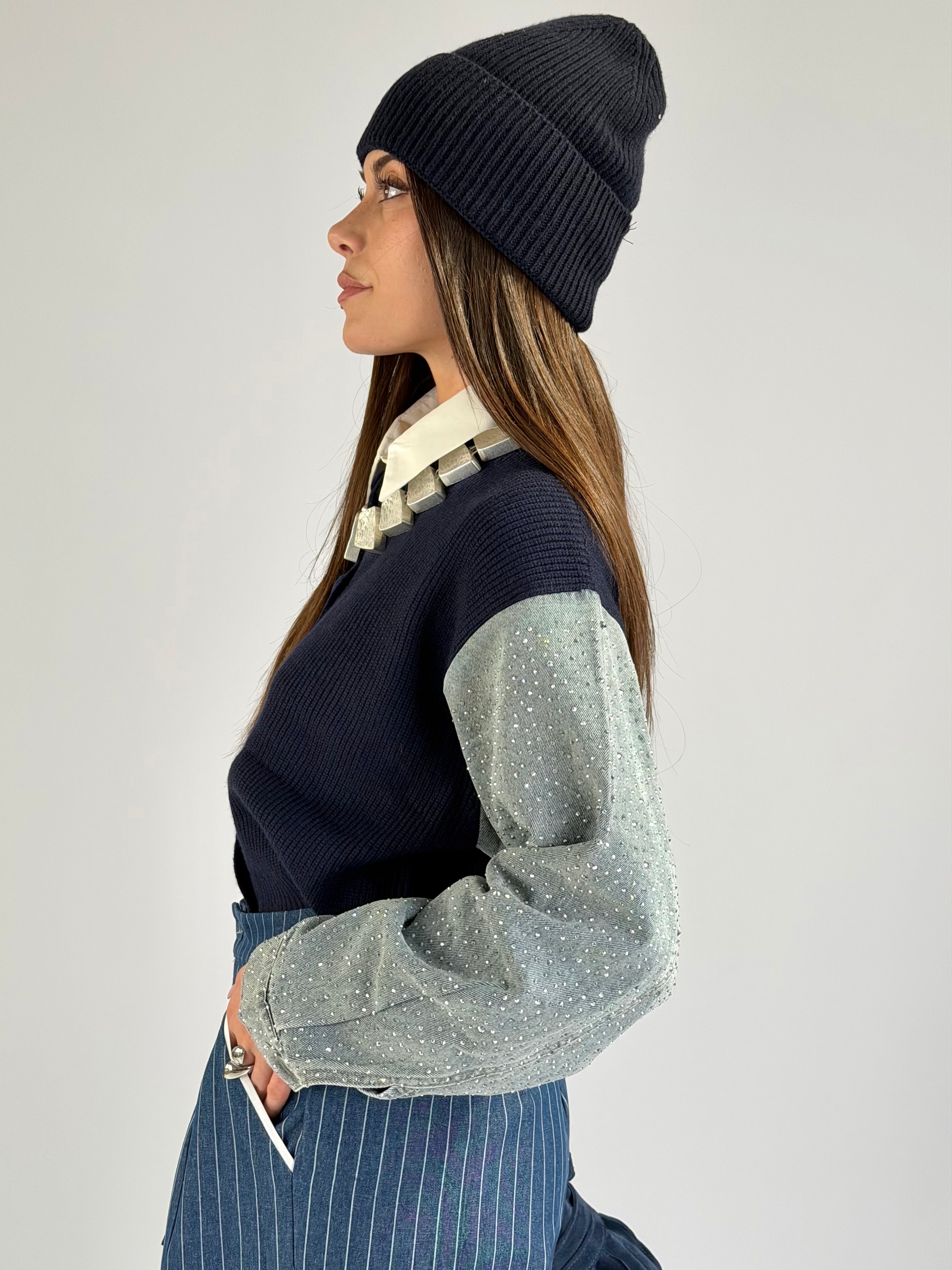 Maglia maniche denim zirconi blu