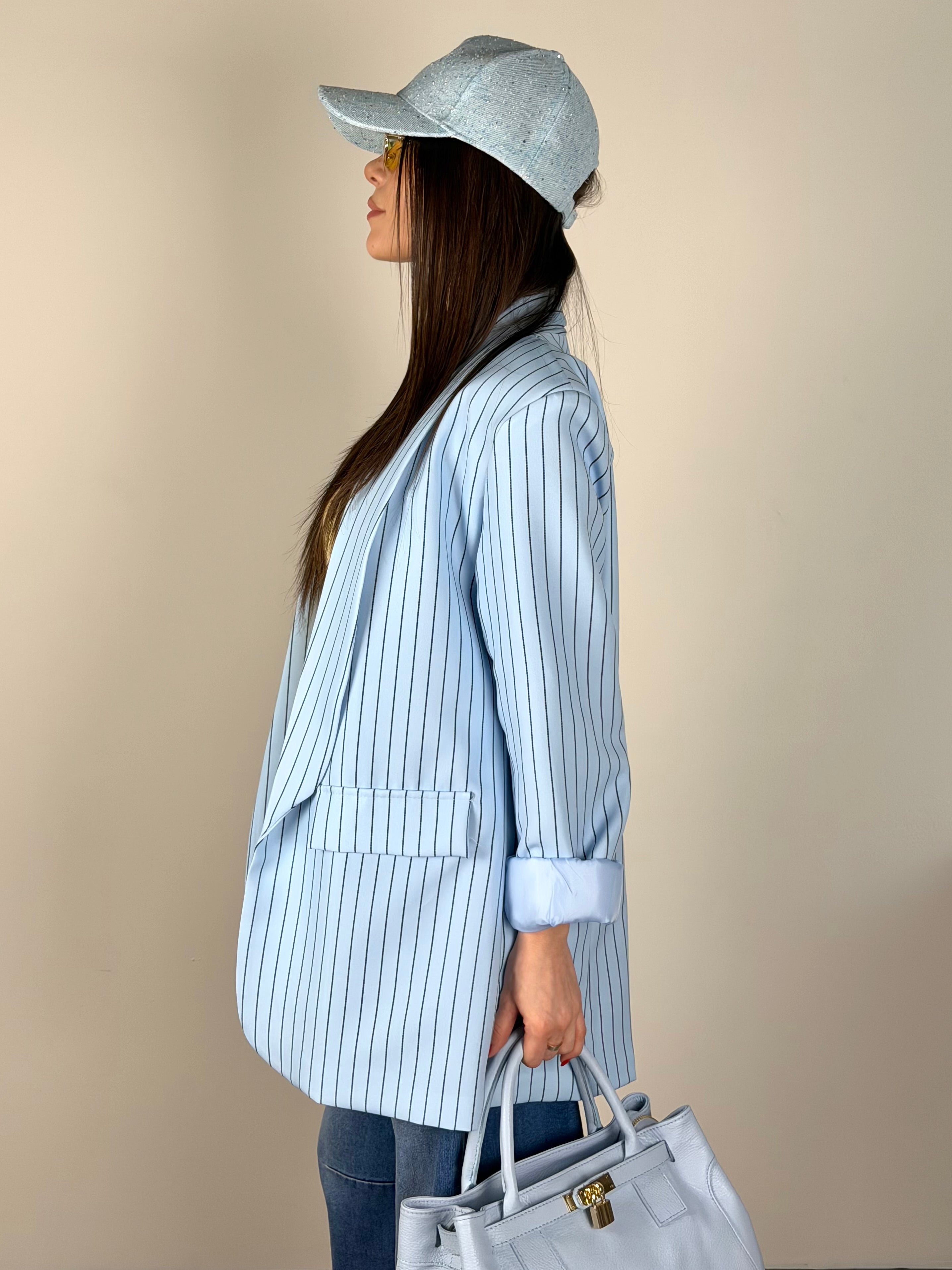 Giacca gessata celeste