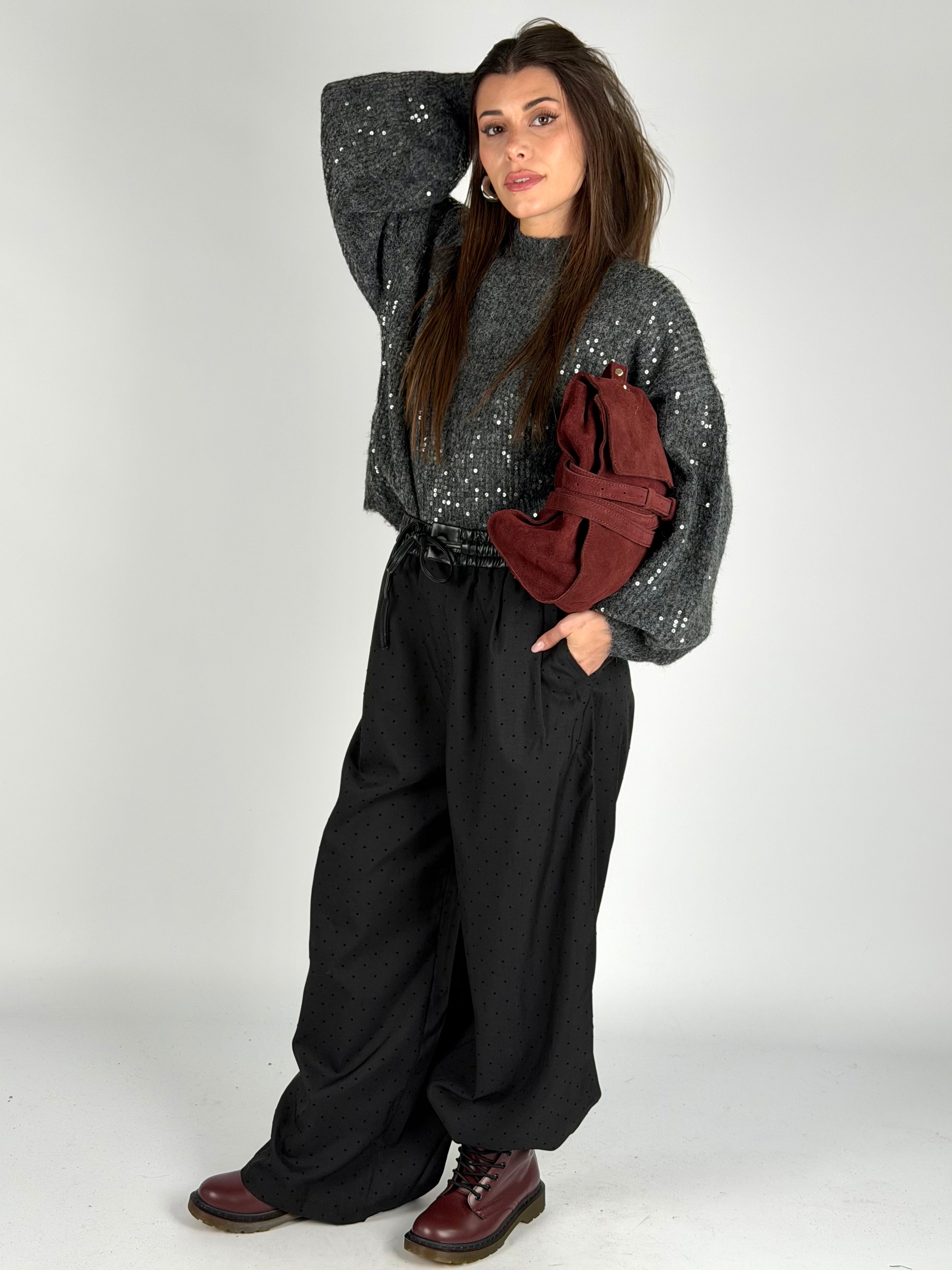 Pantalone pois banda ecopelle nero