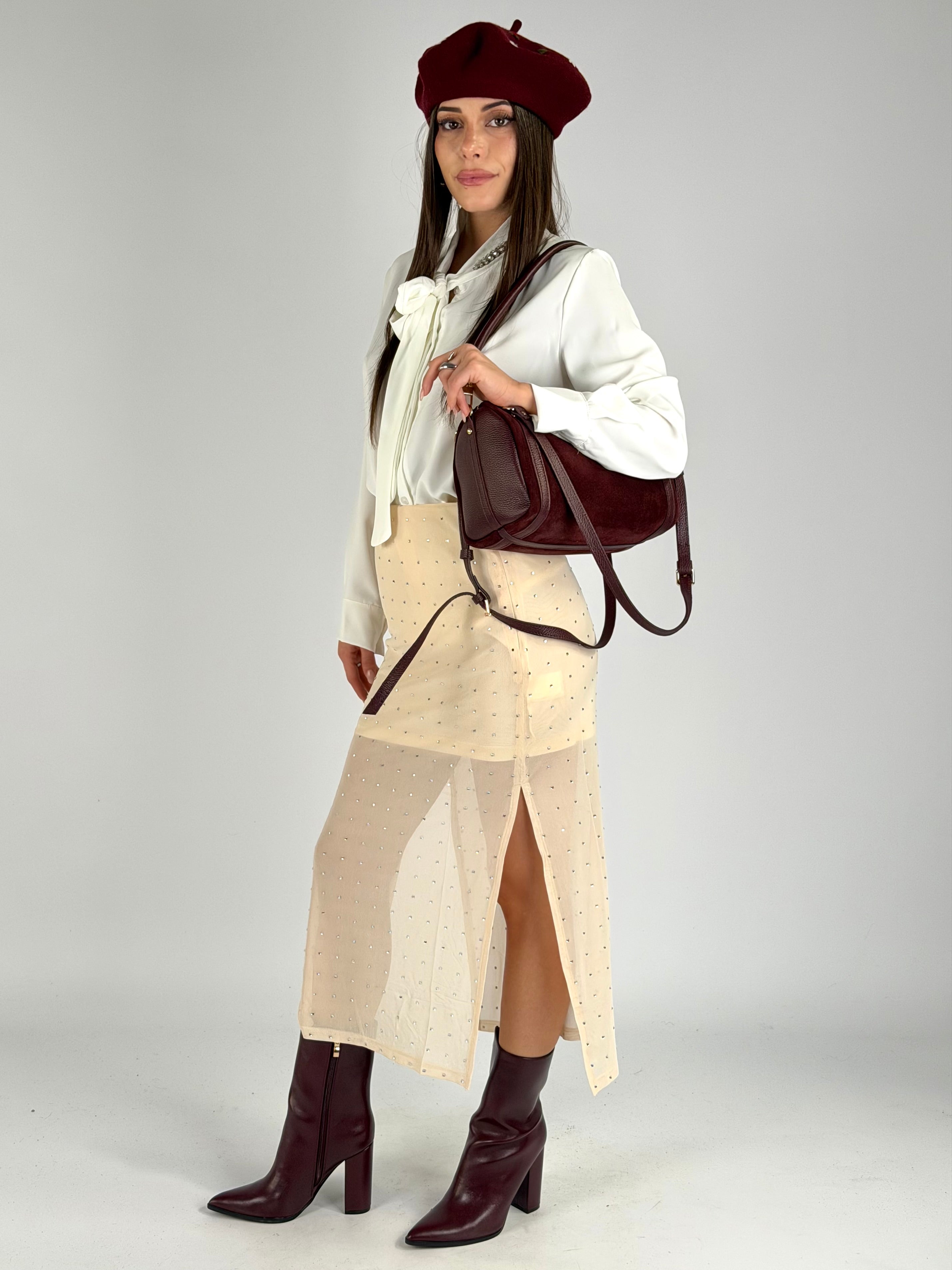 Gonna velata borchie beige