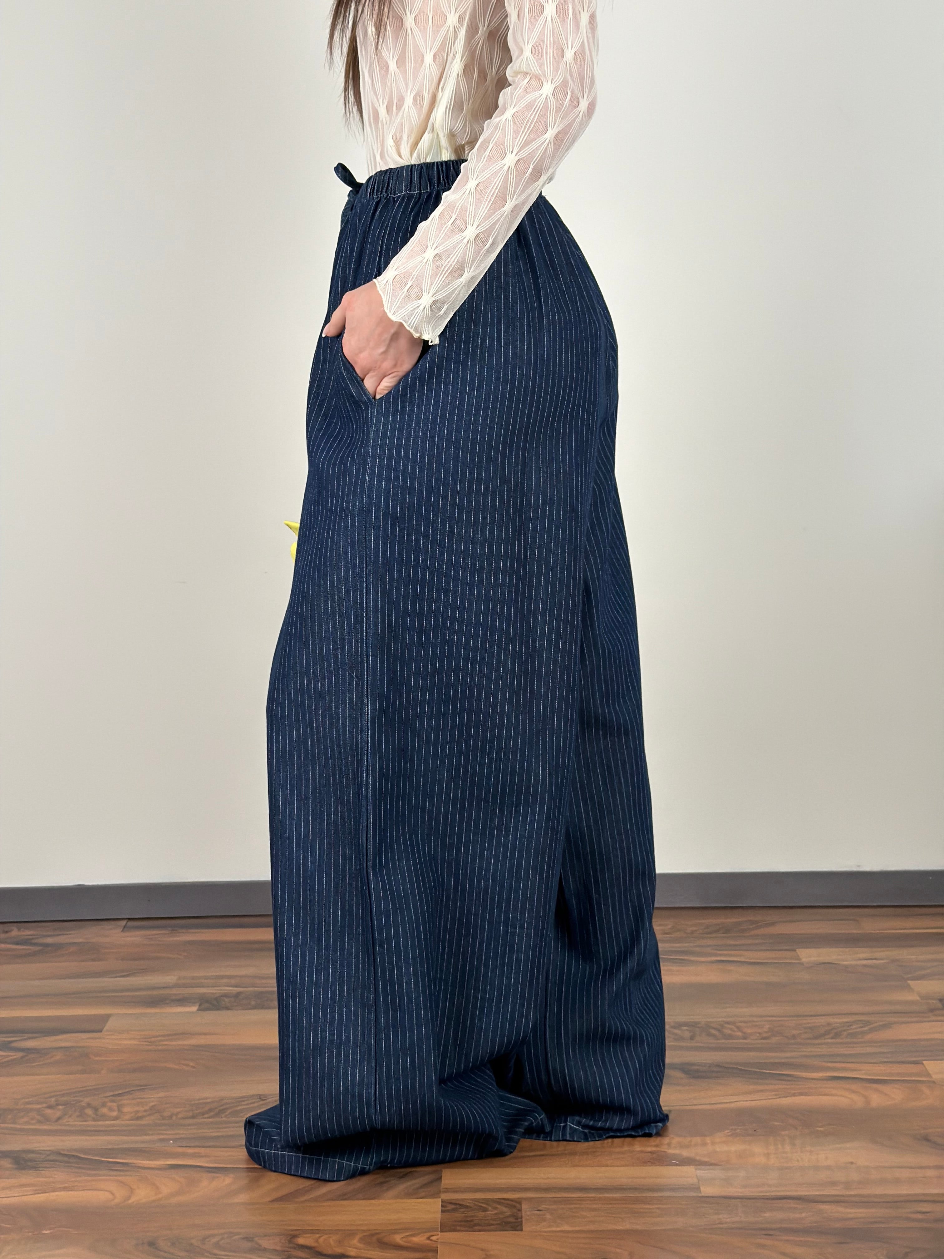 Pantalone maxi gessato Amour blu