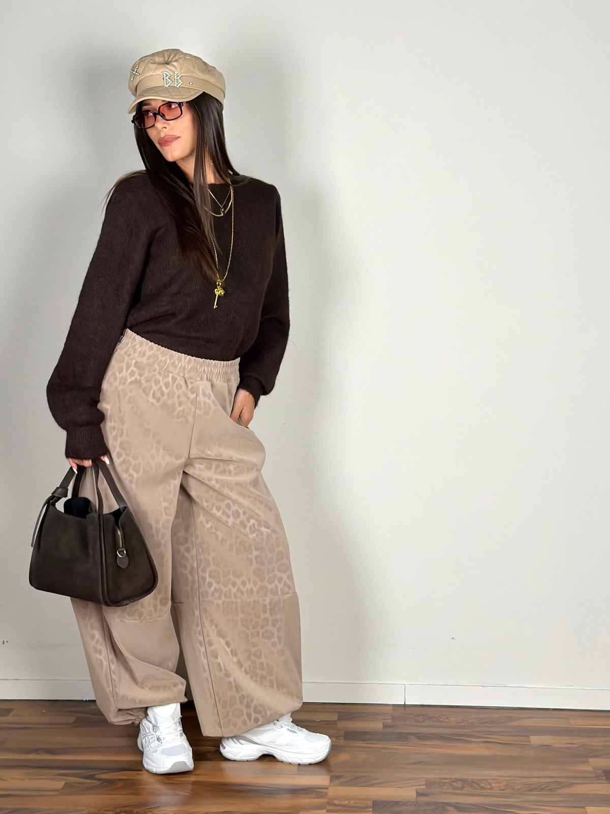 Pantalone ecopelle maculato beige