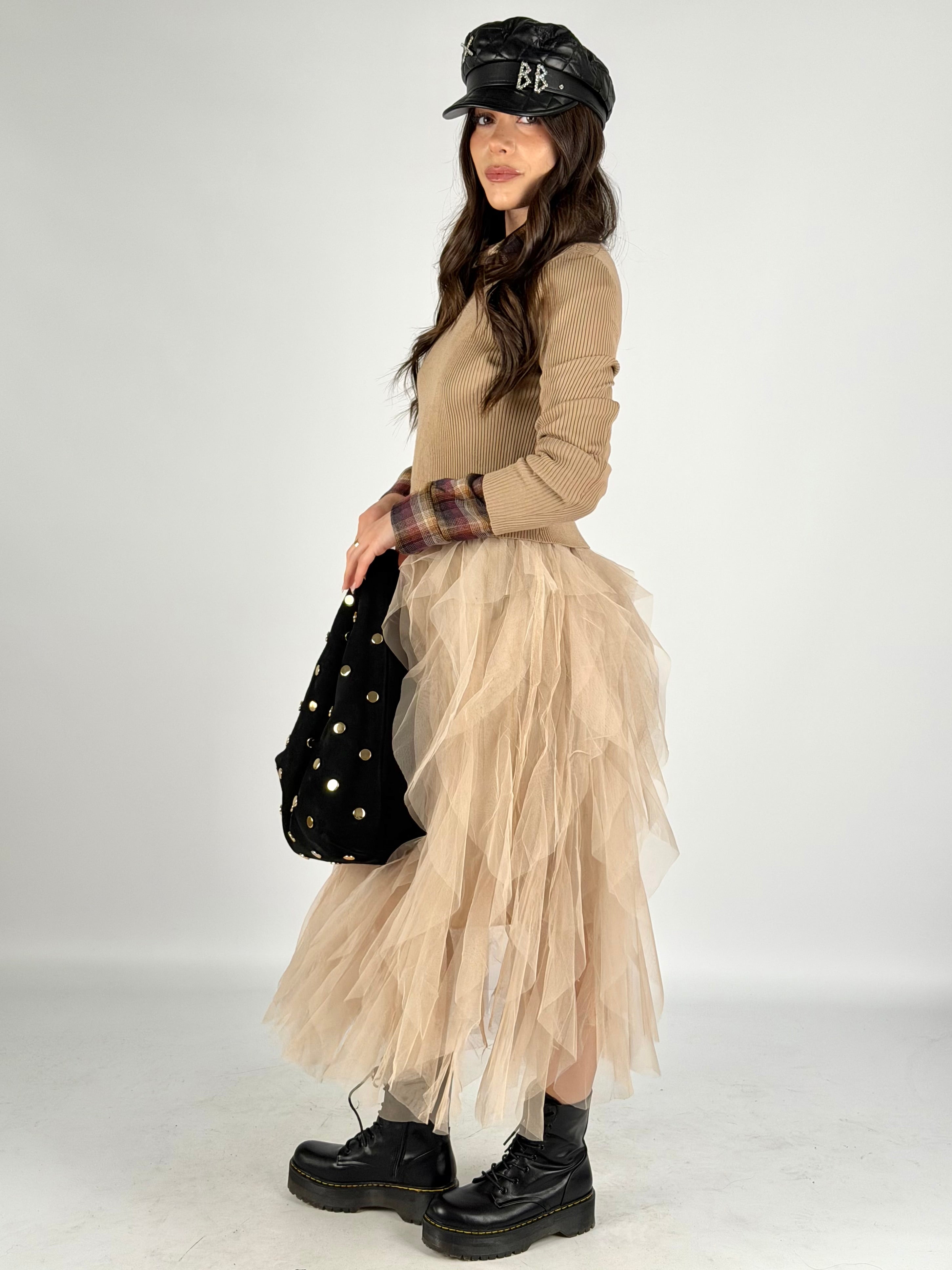 Abito tulle manica lunga beige