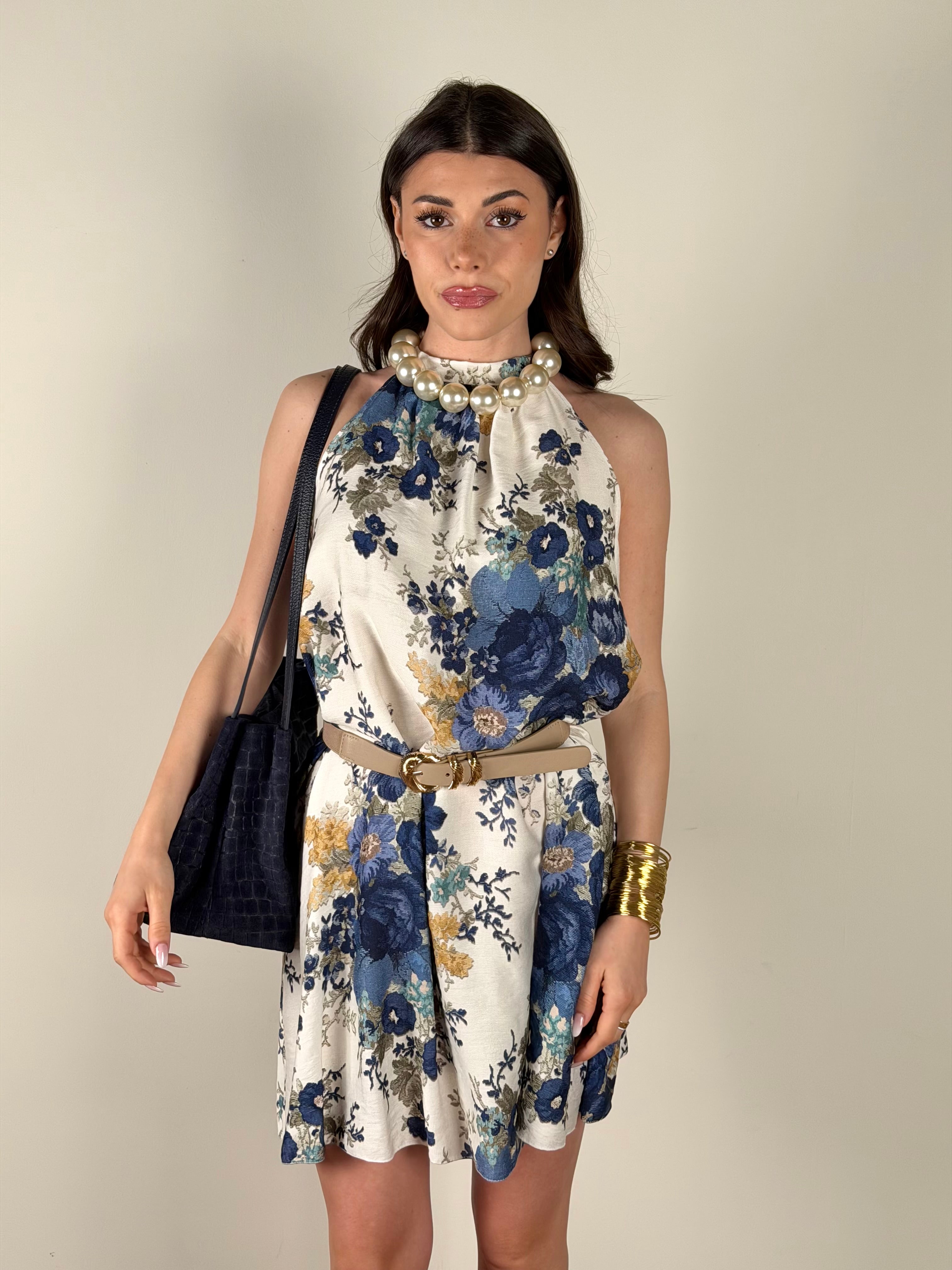 Abito trapezio fiori blu