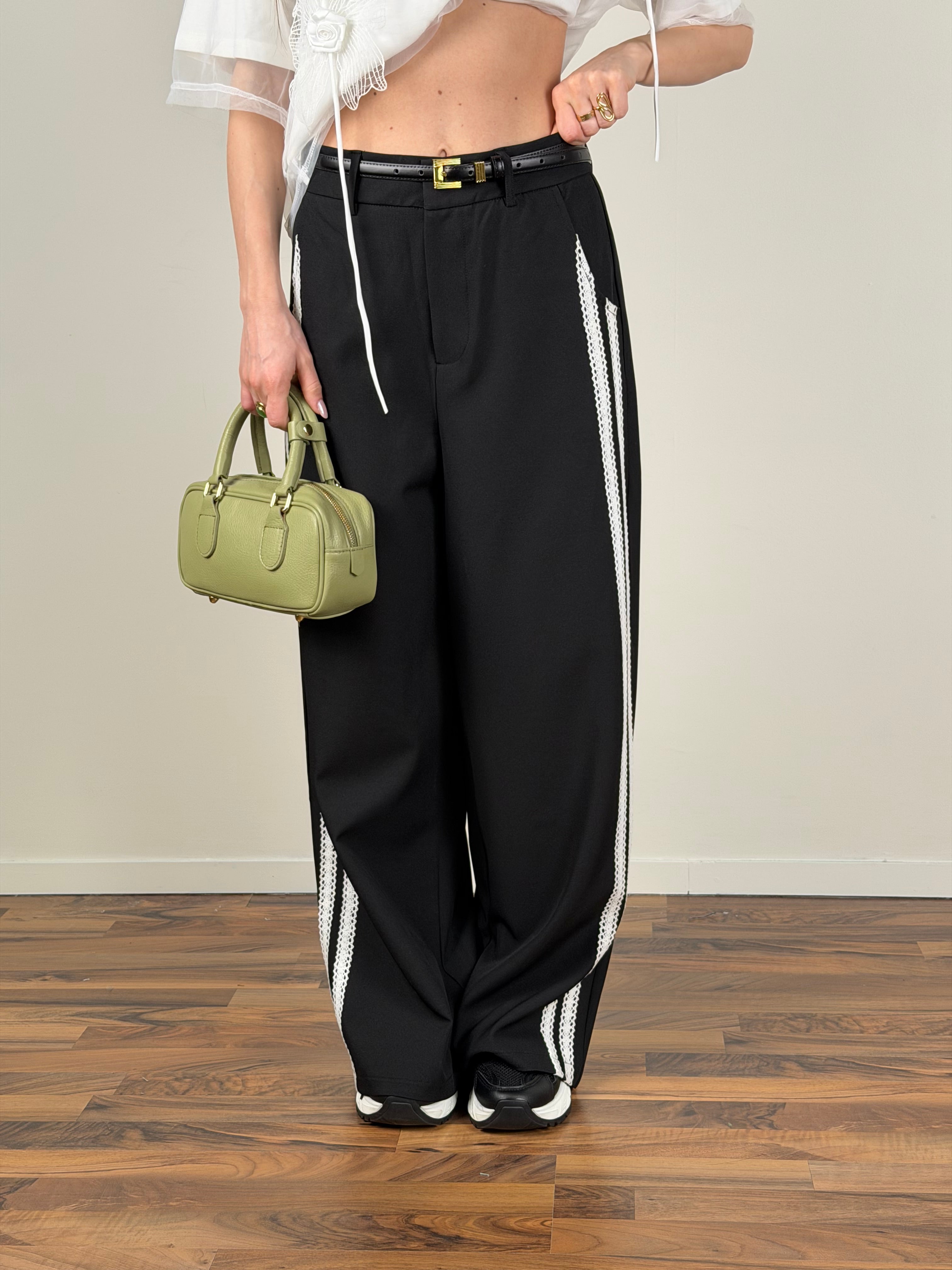 Pantalone bande pizzo nero