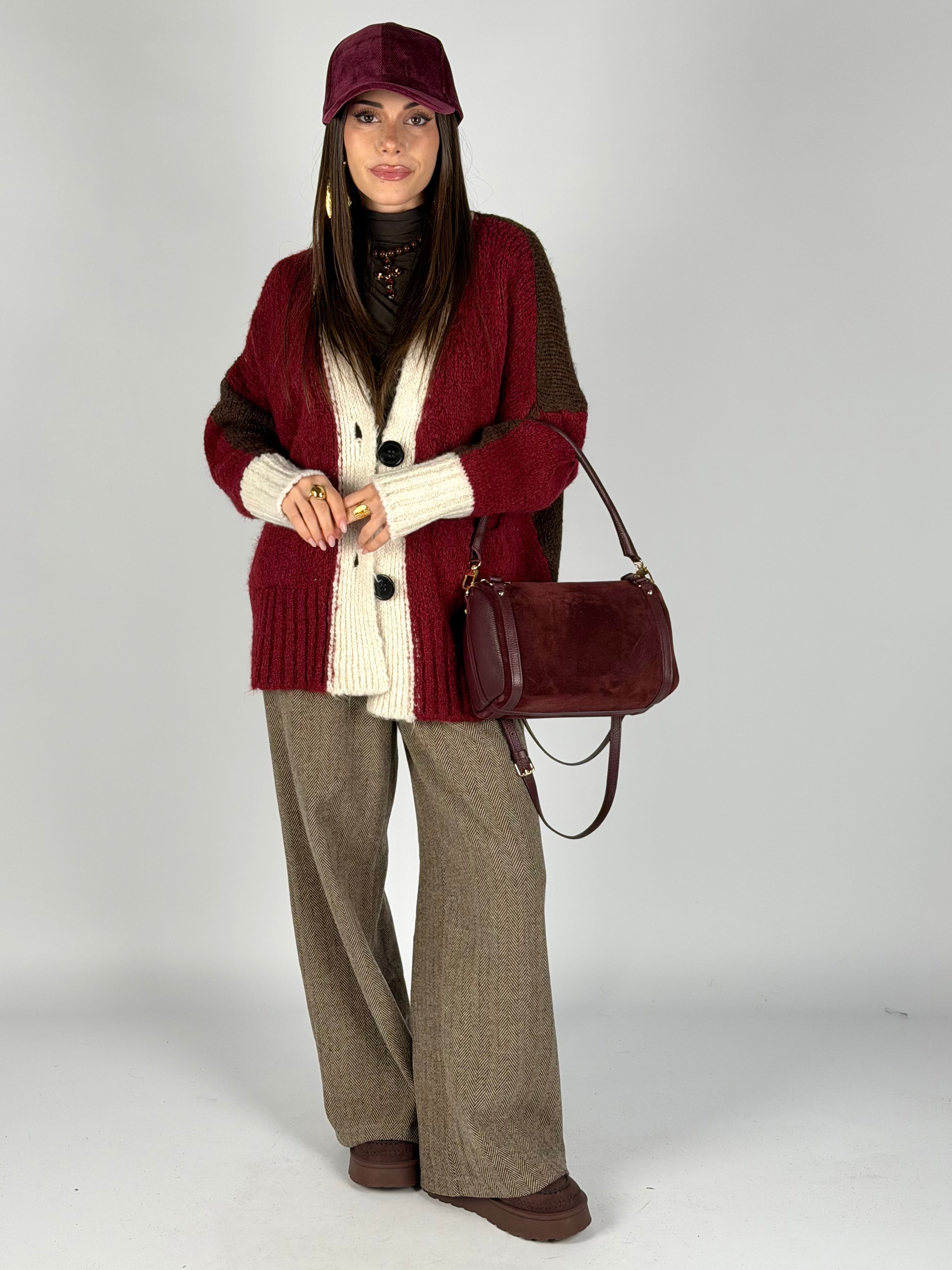 Cardigan due colori bordeaux