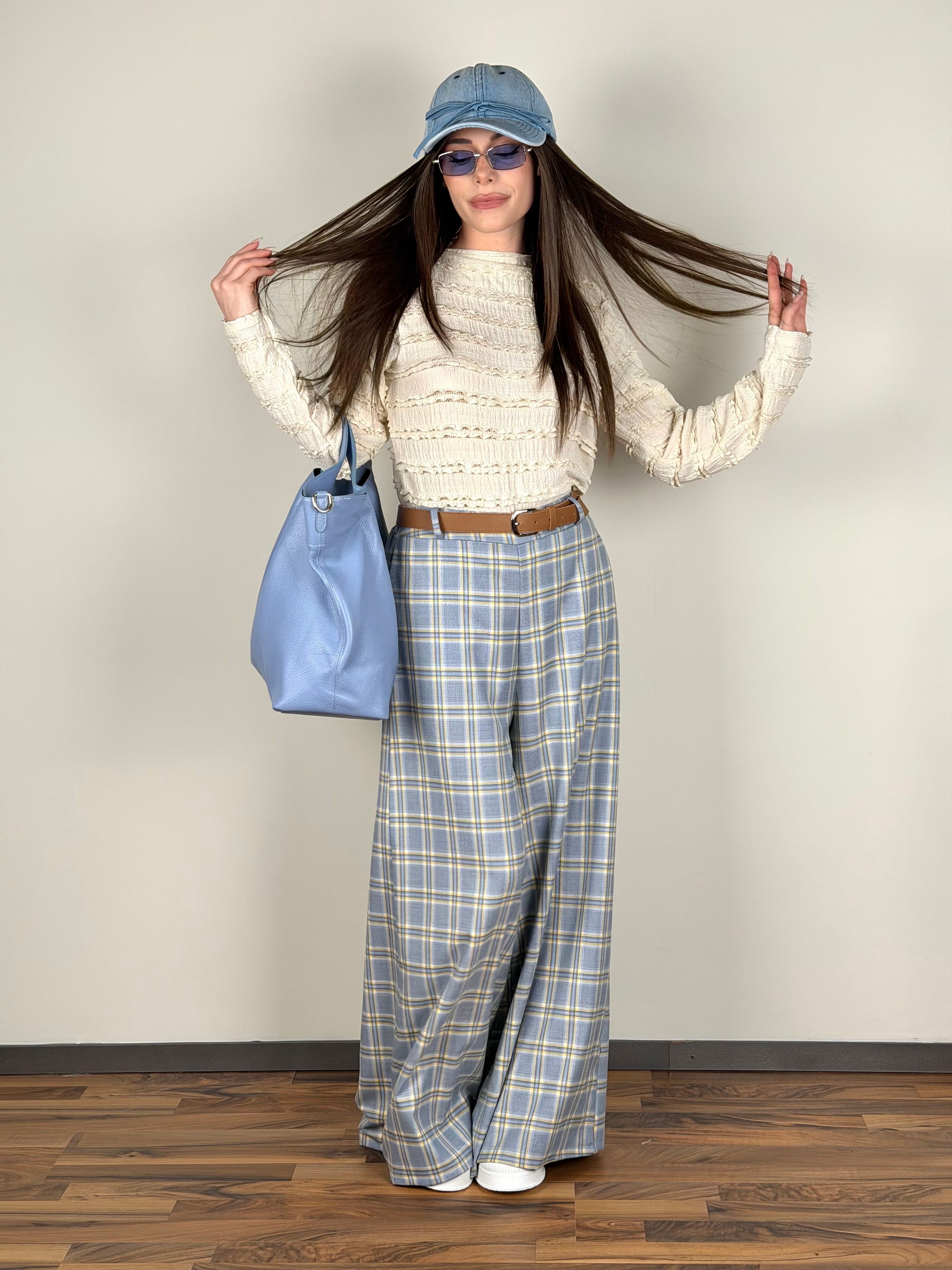 Pantalone check Siria celeste