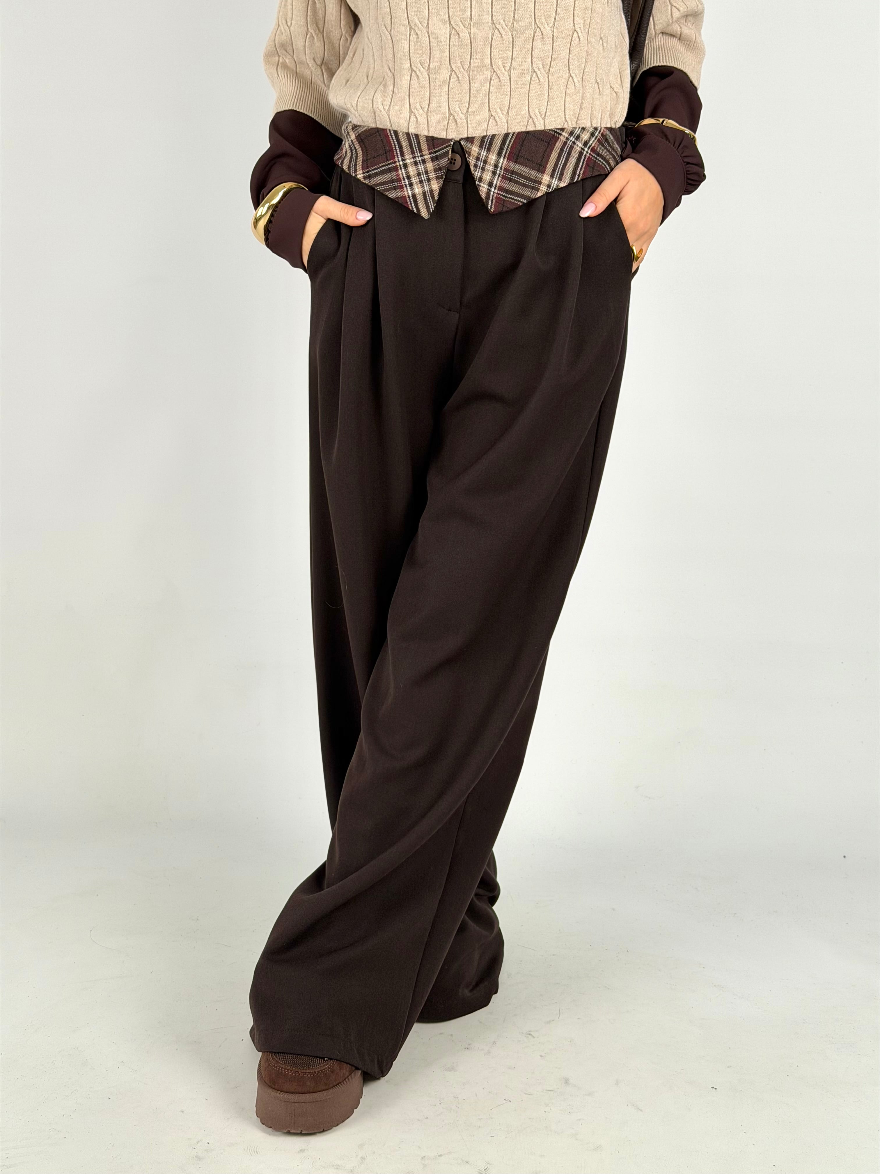 Pantalone risvolto check moro