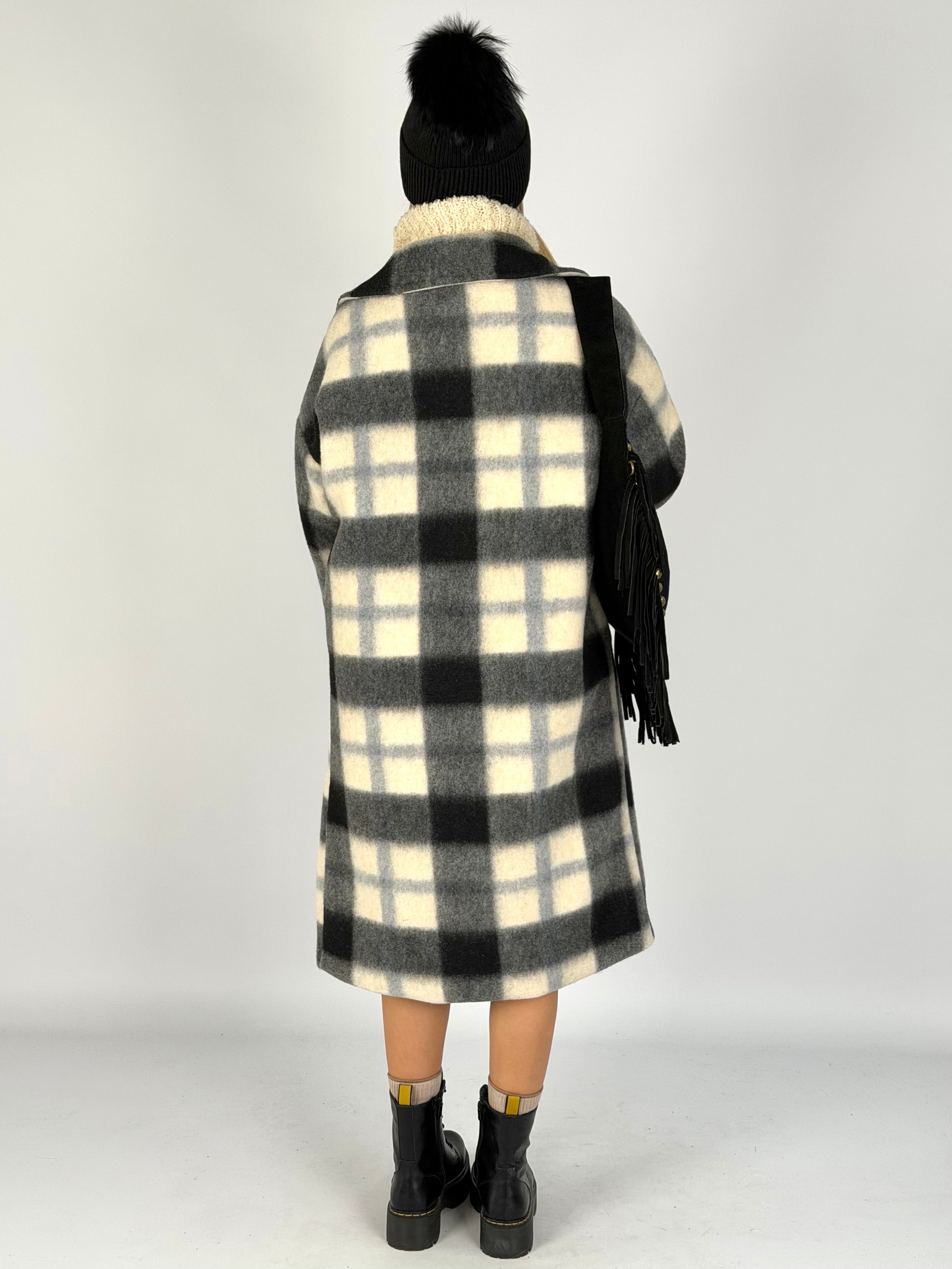 Maxi cappotto check lungo nero