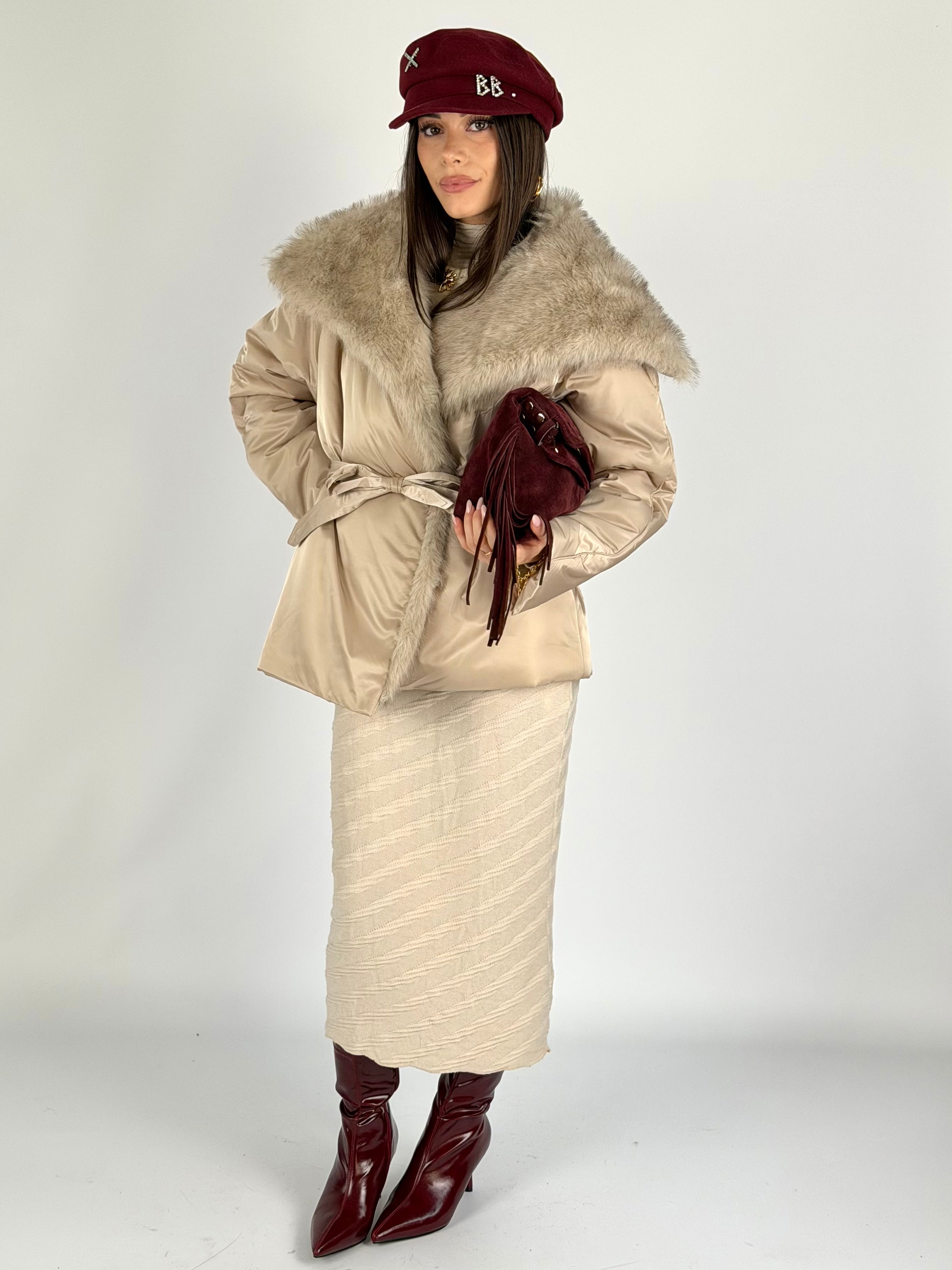 Piumino maxi eco pelliccia beige