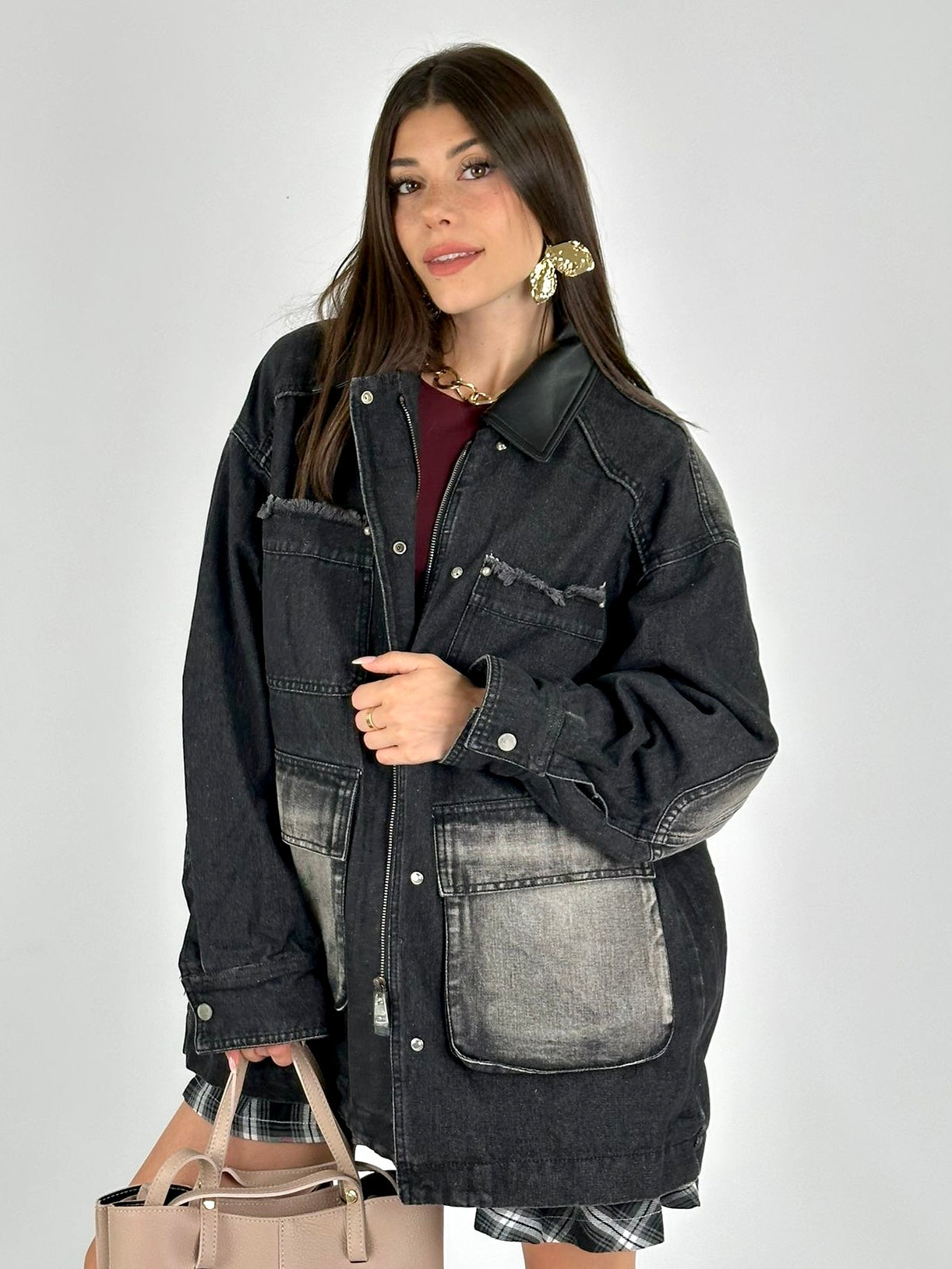 Giubbino denim inserti ecopelle