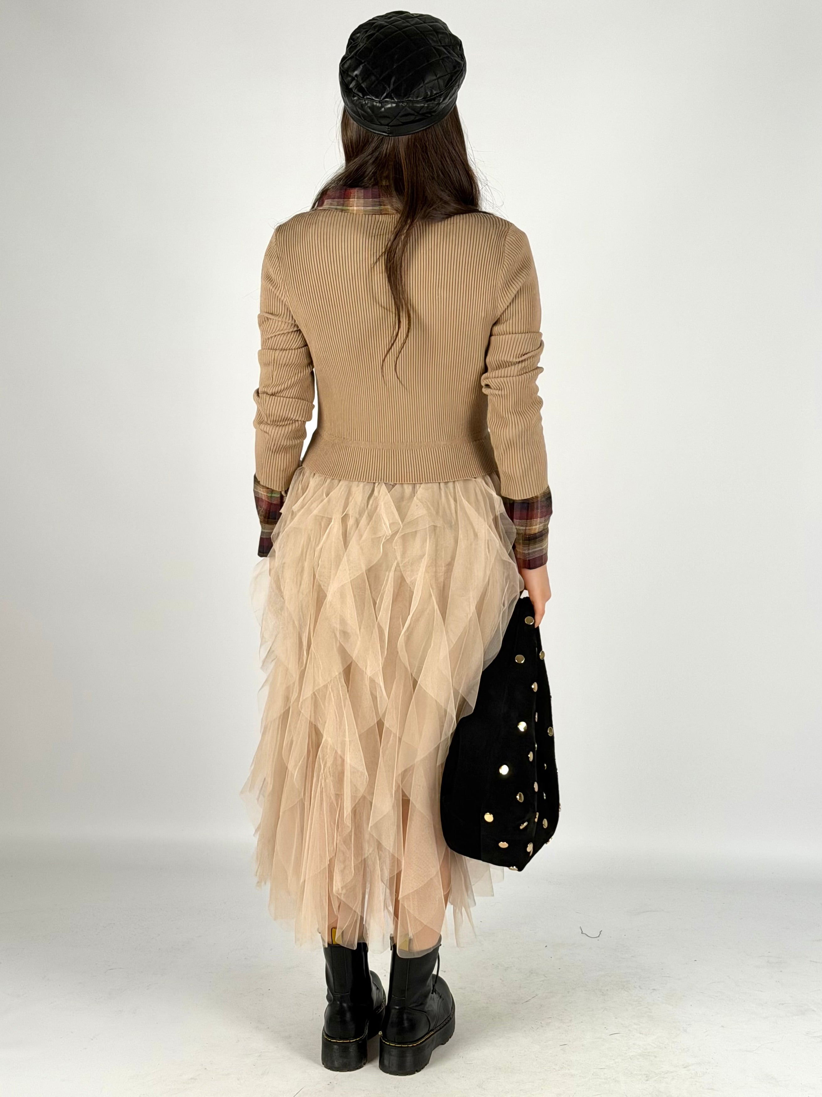 Abito tulle manica lunga beige