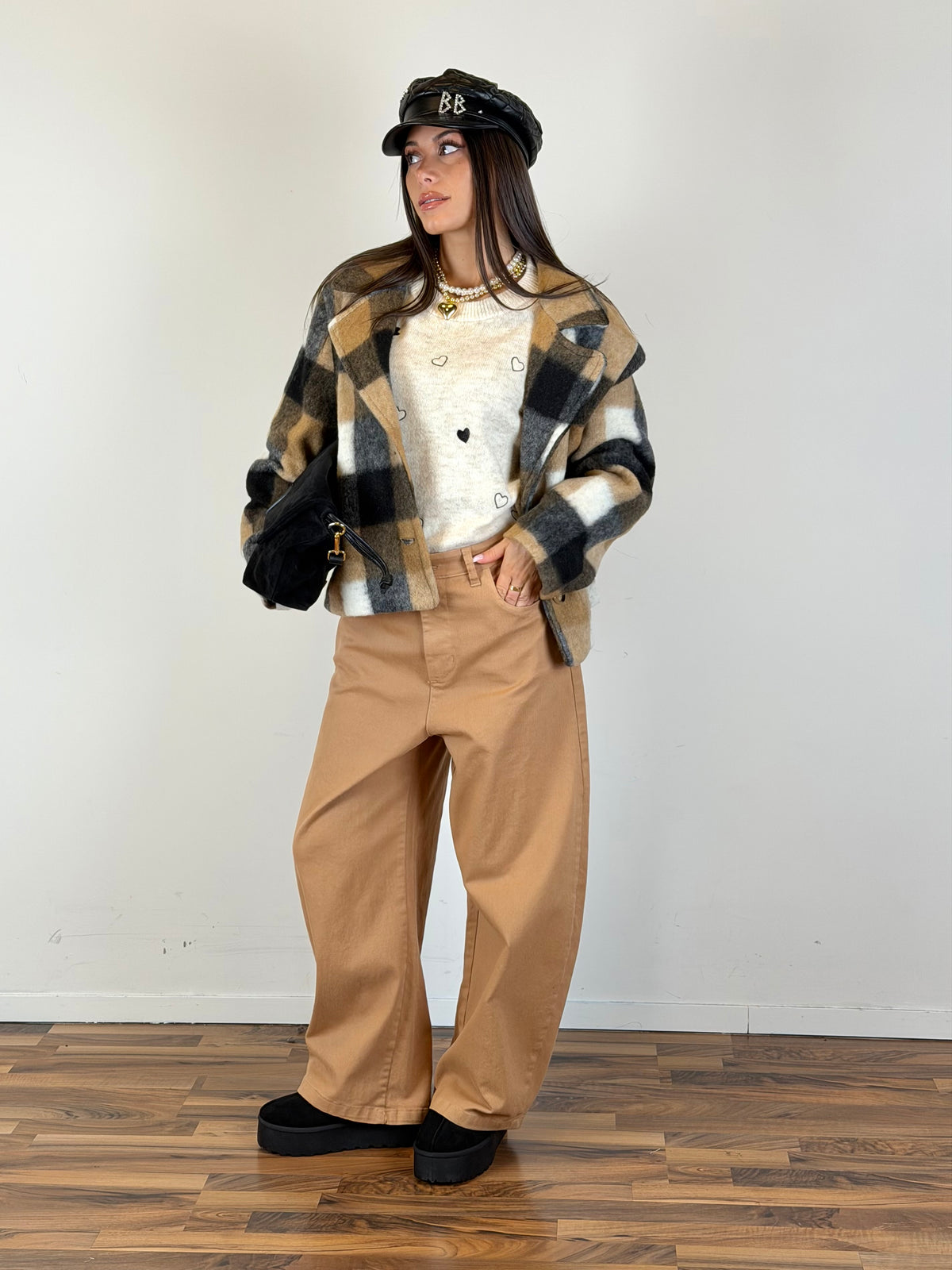 Cappotto crop Check tabacco