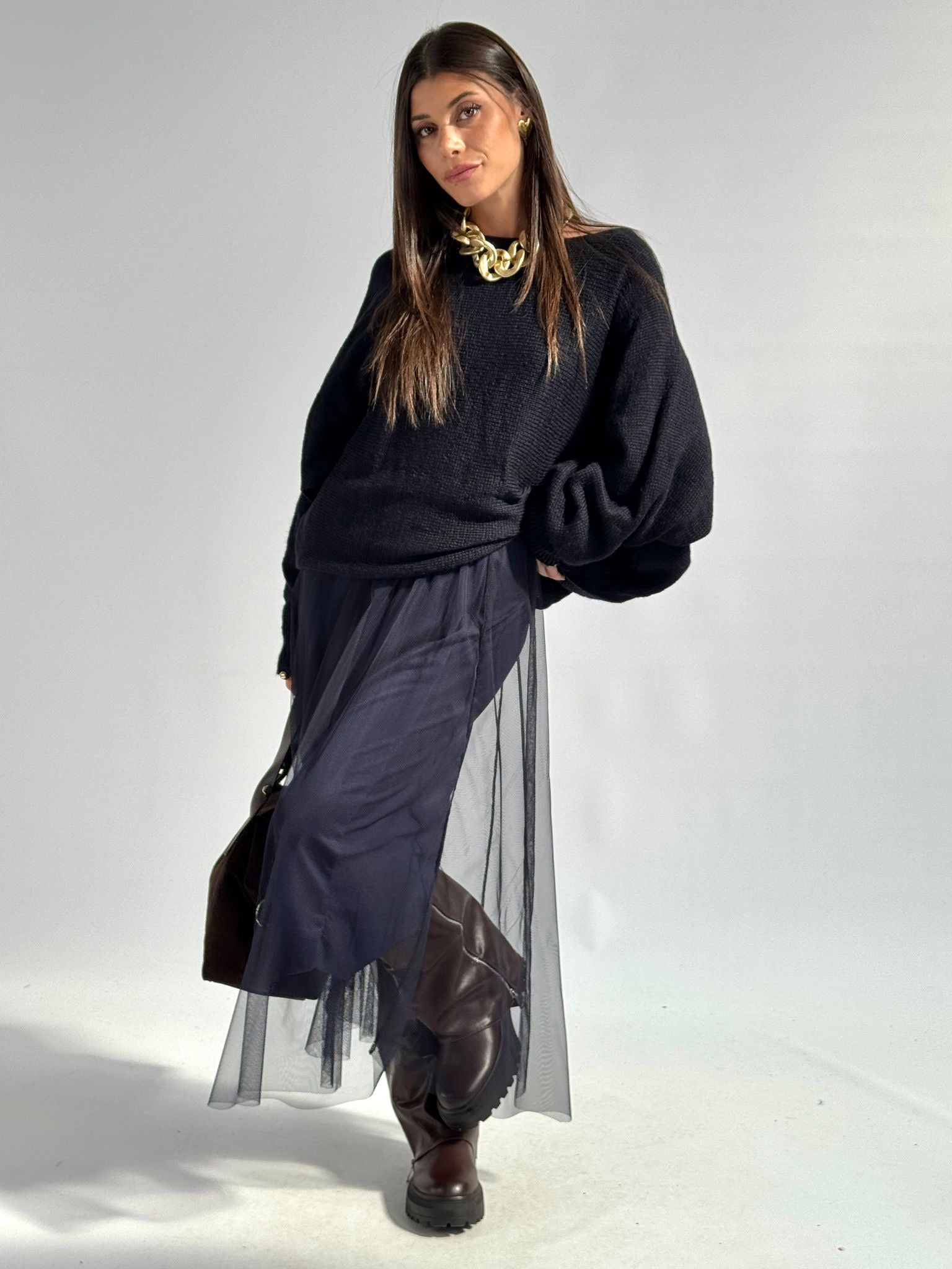 Abito tulle con maglioncino blu