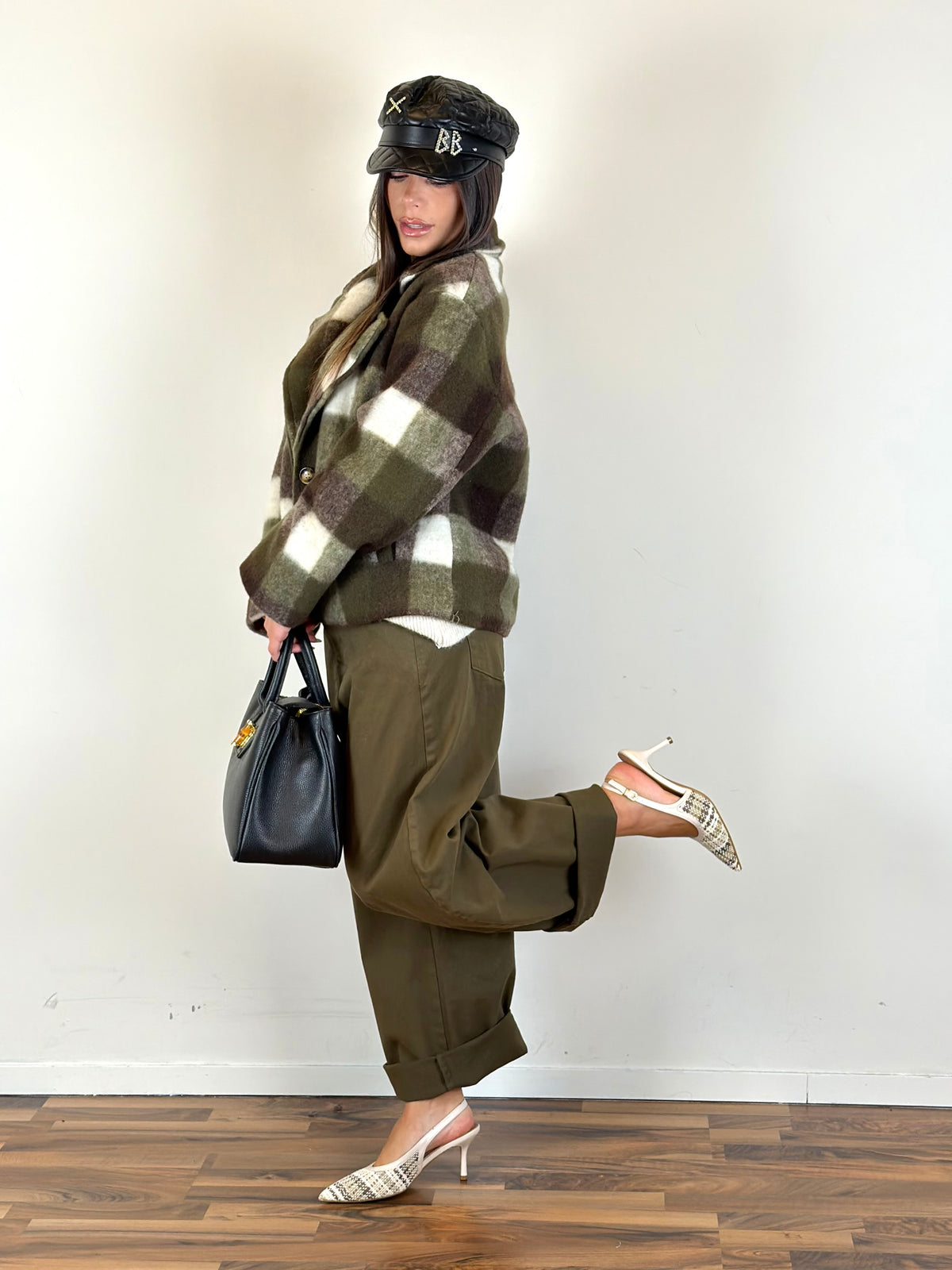 Cappotto crop Check verde