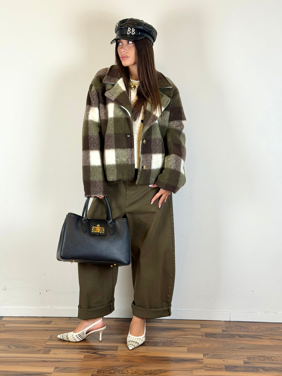 Cappotto crop Check verde
