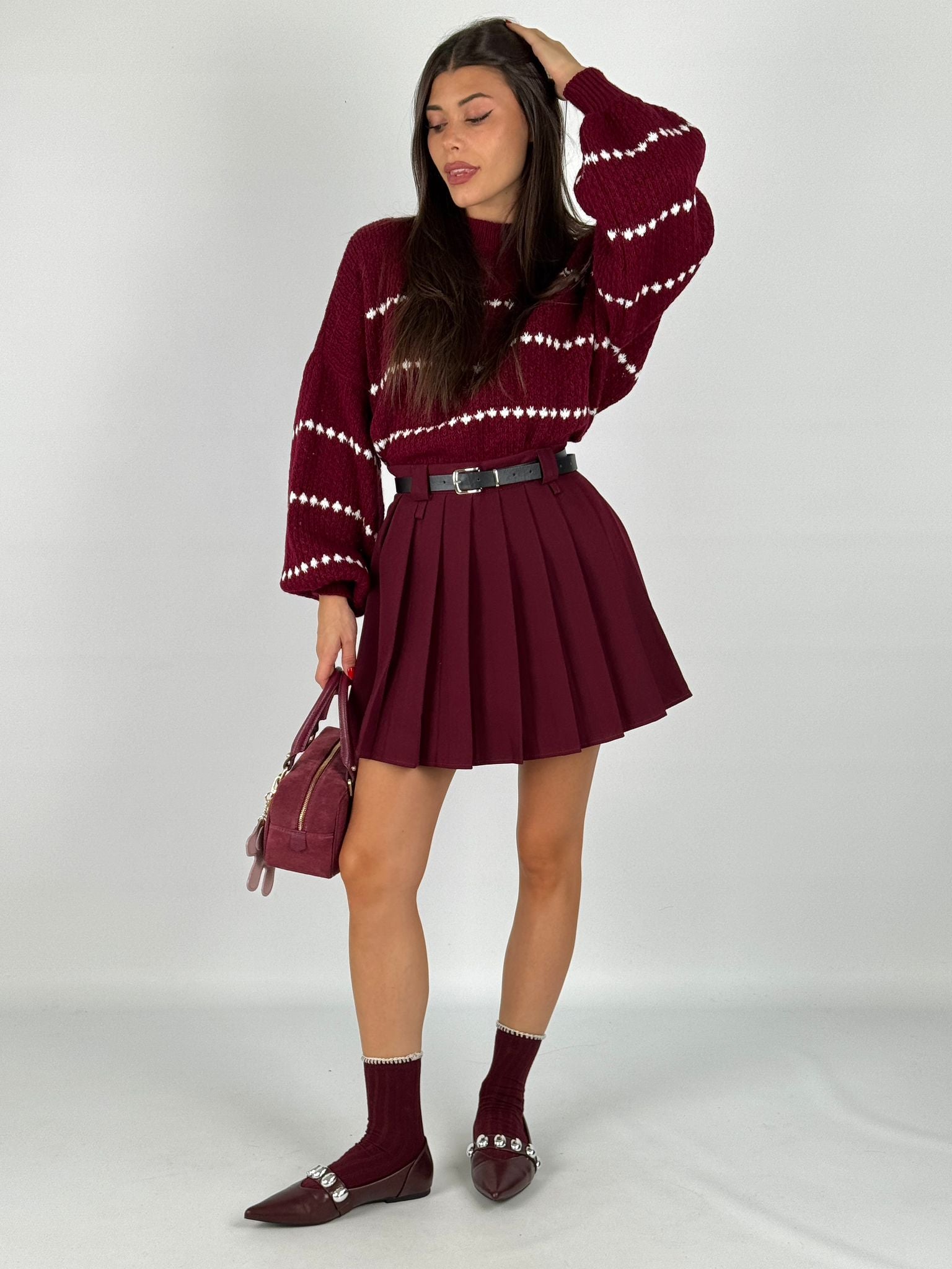 Gonna plisse doppia cintura bordeaux