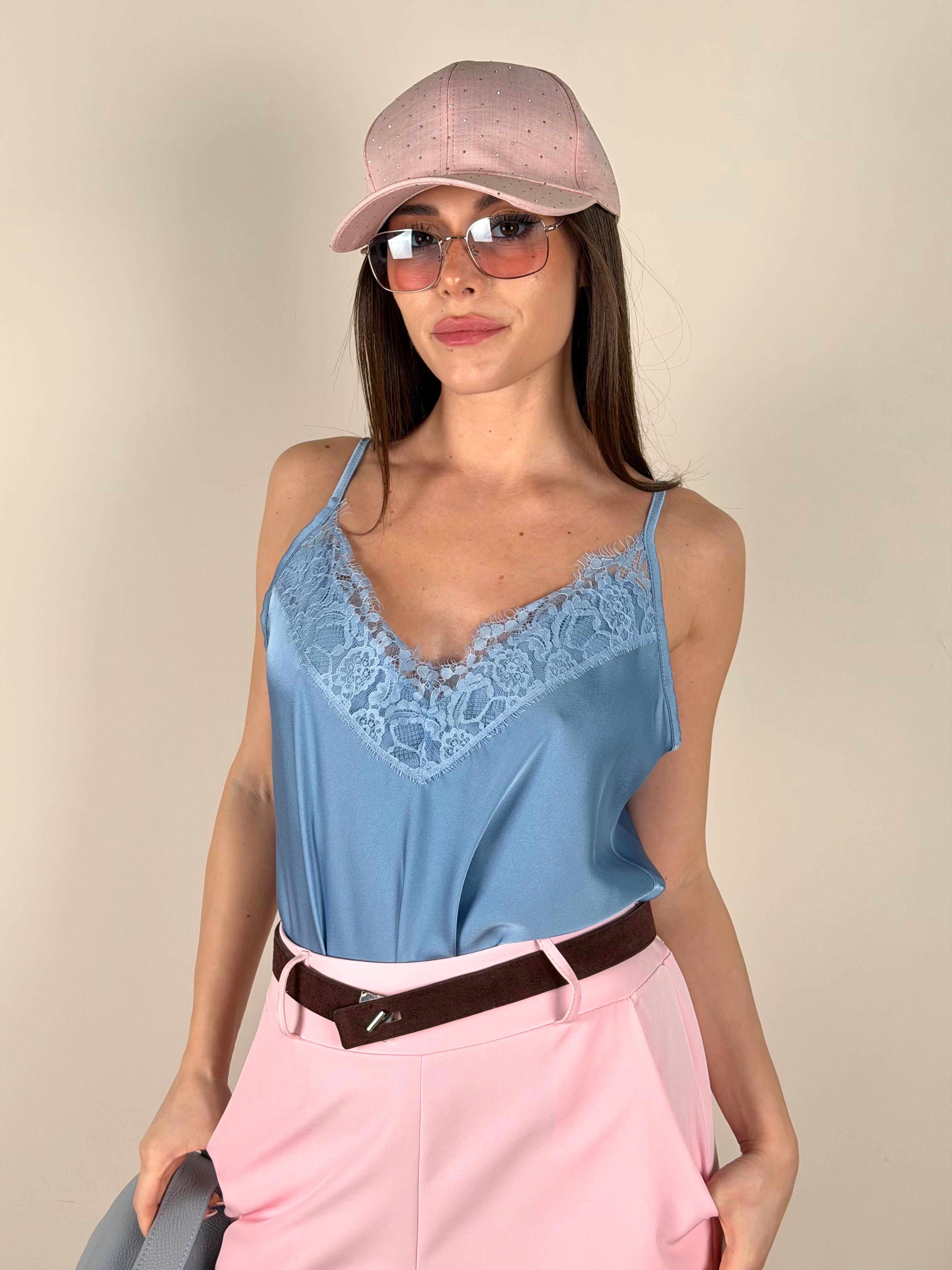 Top pizzo raso celeste