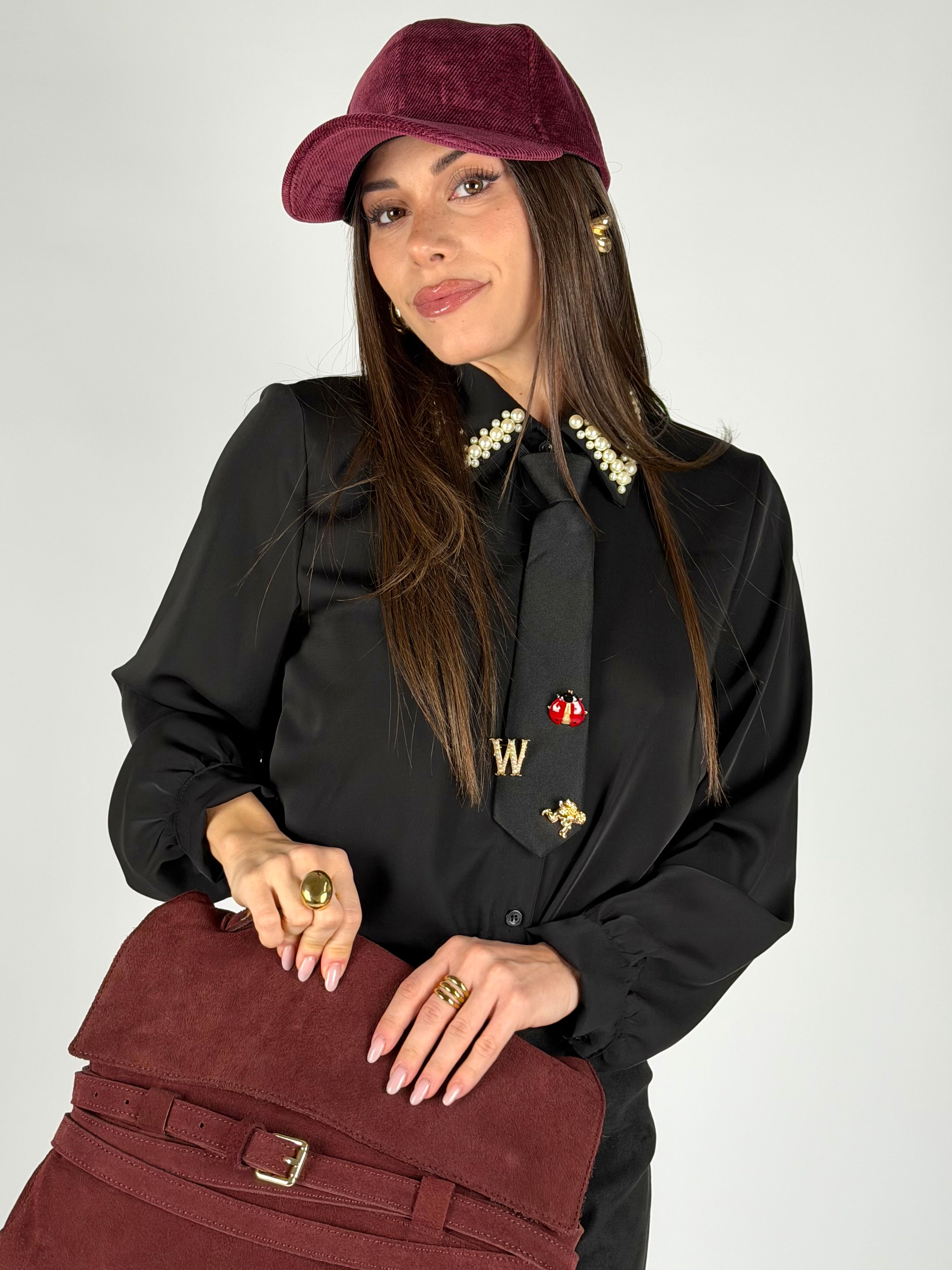 Camicia colletto perle nero