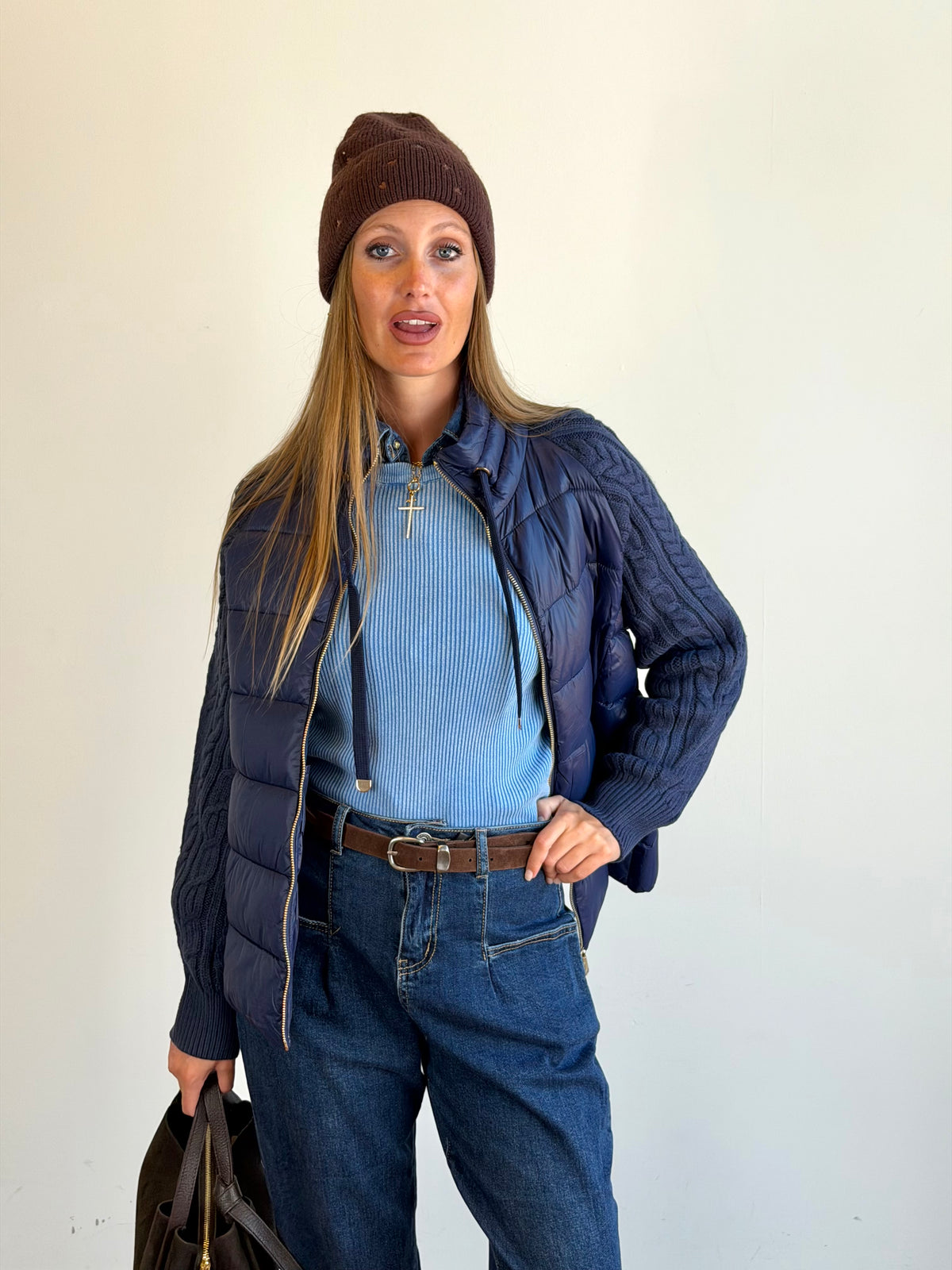 Piumino manica treccia blu