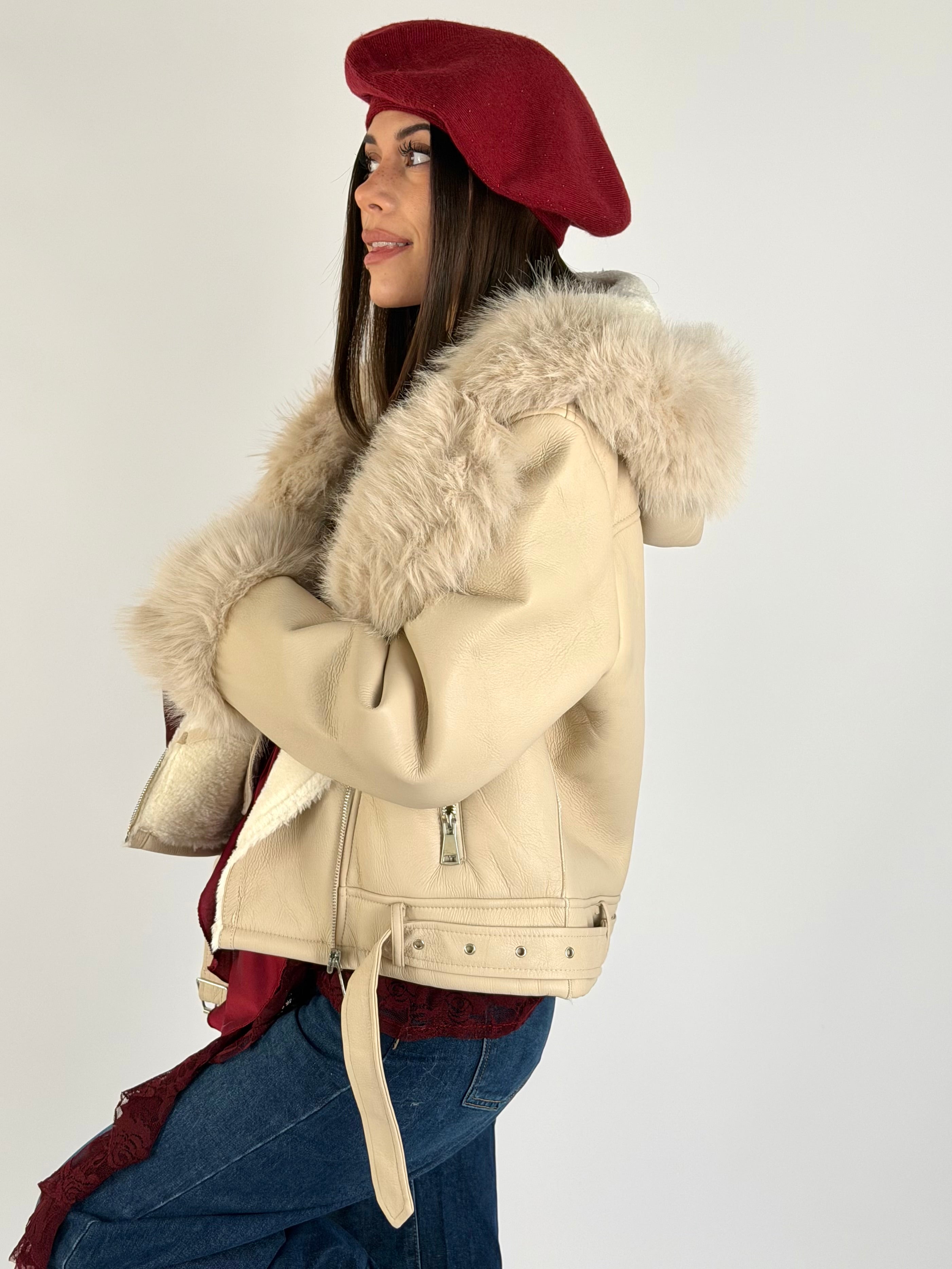 Chiodo con eco pelliccia beige