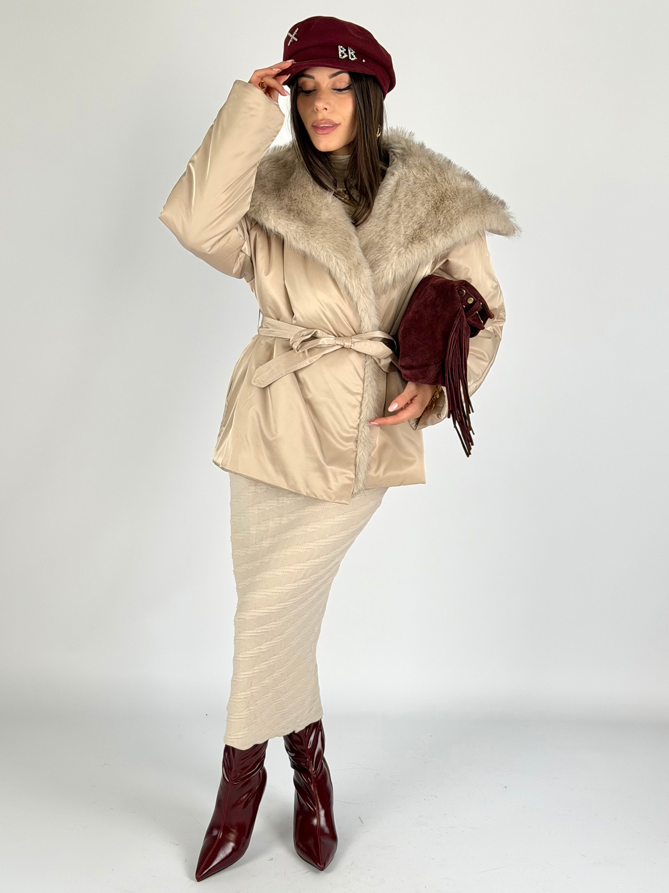 Piumino maxi eco pelliccia beige